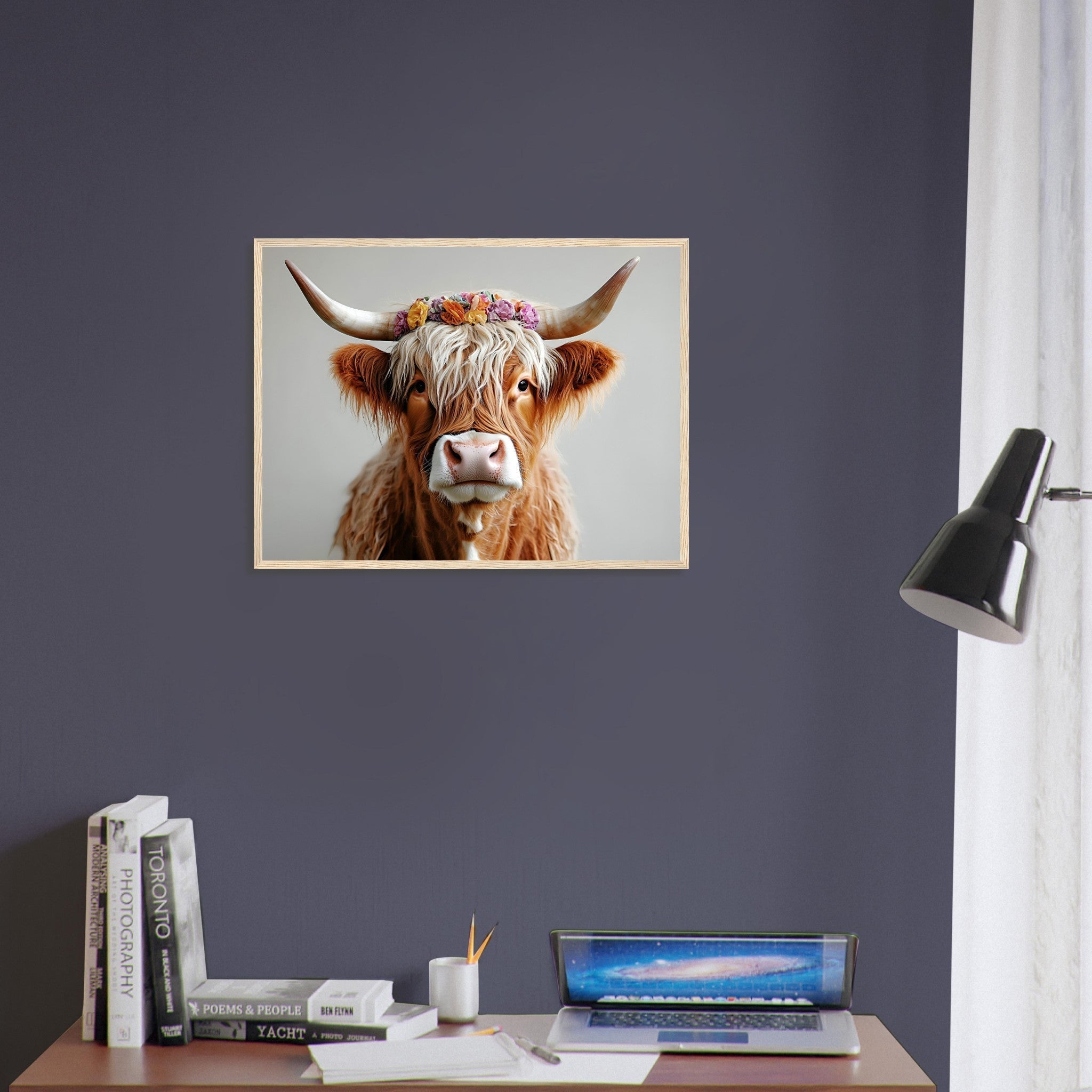 Highland Cow Framed Print with Flower Crown for Rustic and Farmhouse Wall Decor - WallArtPrints4U