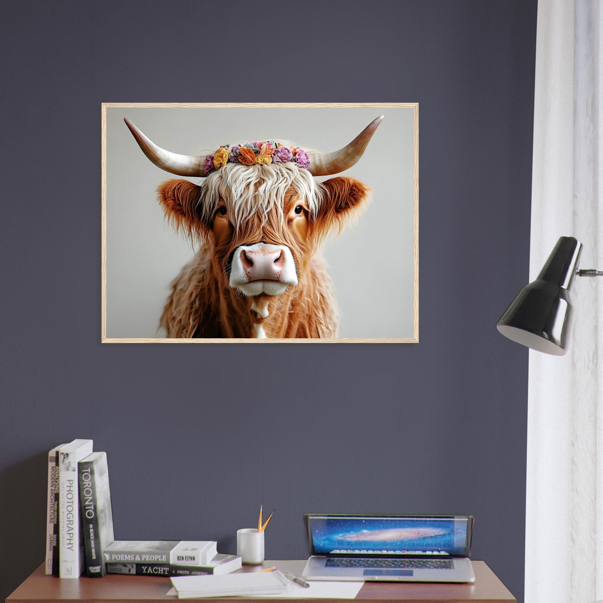 Highland Cow Framed Print with Flower Crown for Rustic and Farmhouse Wall Decor - WallArtPrints4U