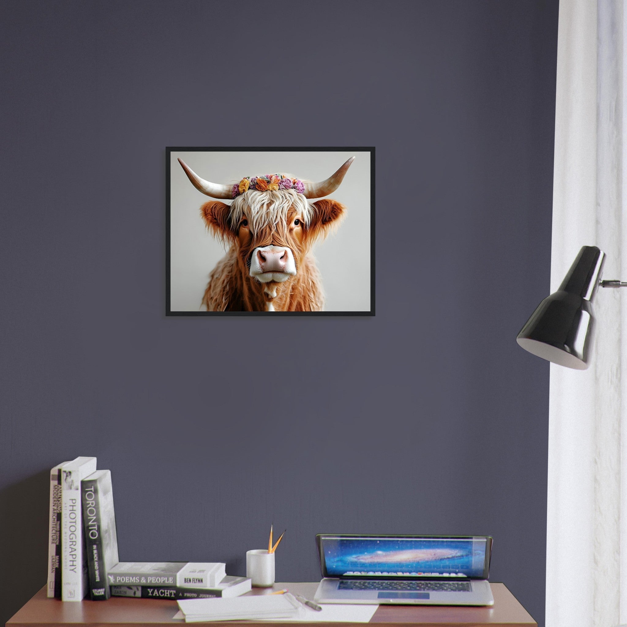 Highland Cow Framed Print with Flower Crown for Rustic and Farmhouse Wall Decor - WallArtPrints4U