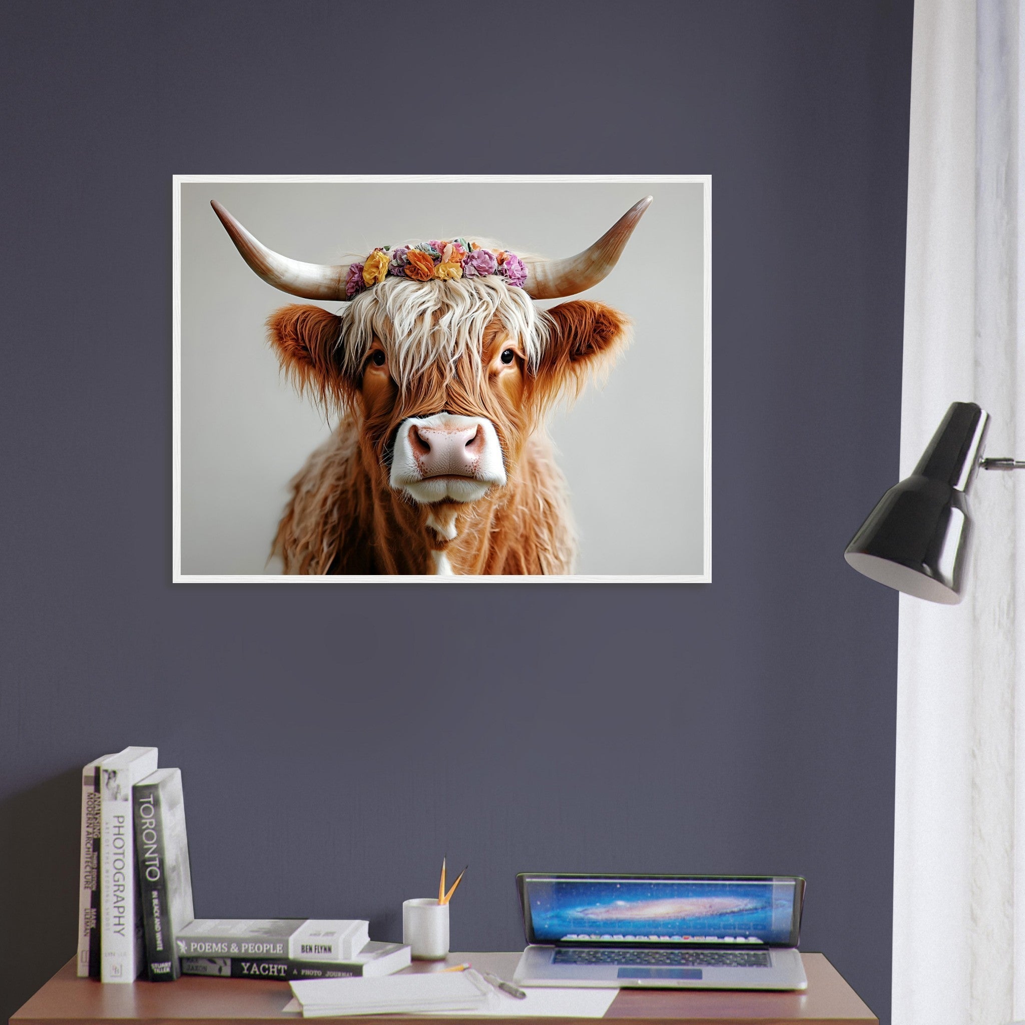 Highland Cow Framed Print with Flower Crown for Rustic and Farmhouse Wall Decor - WallArtPrints4U