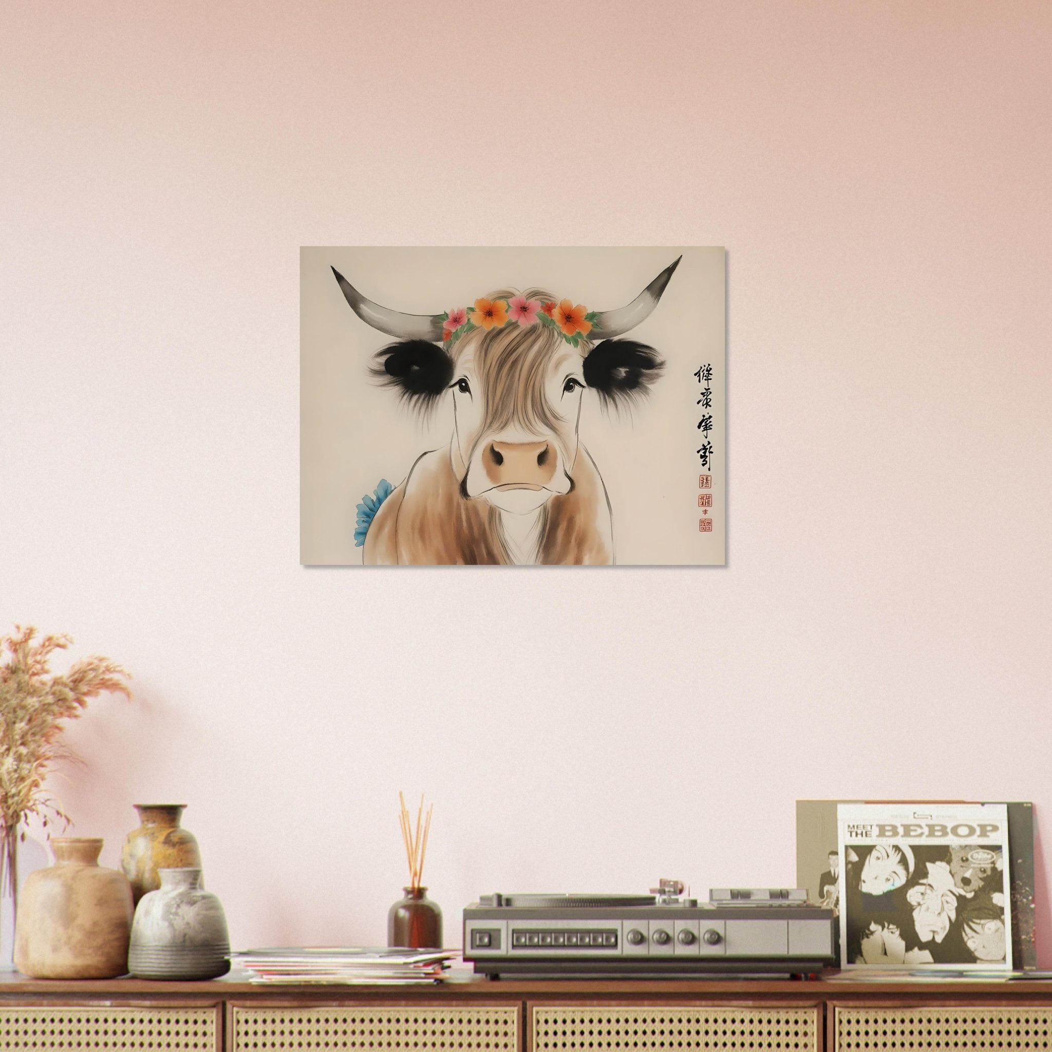 Highland Cow Poster Chinese Brush Painting Style Rustic Boho Wall Decor - WallArtPrints4U