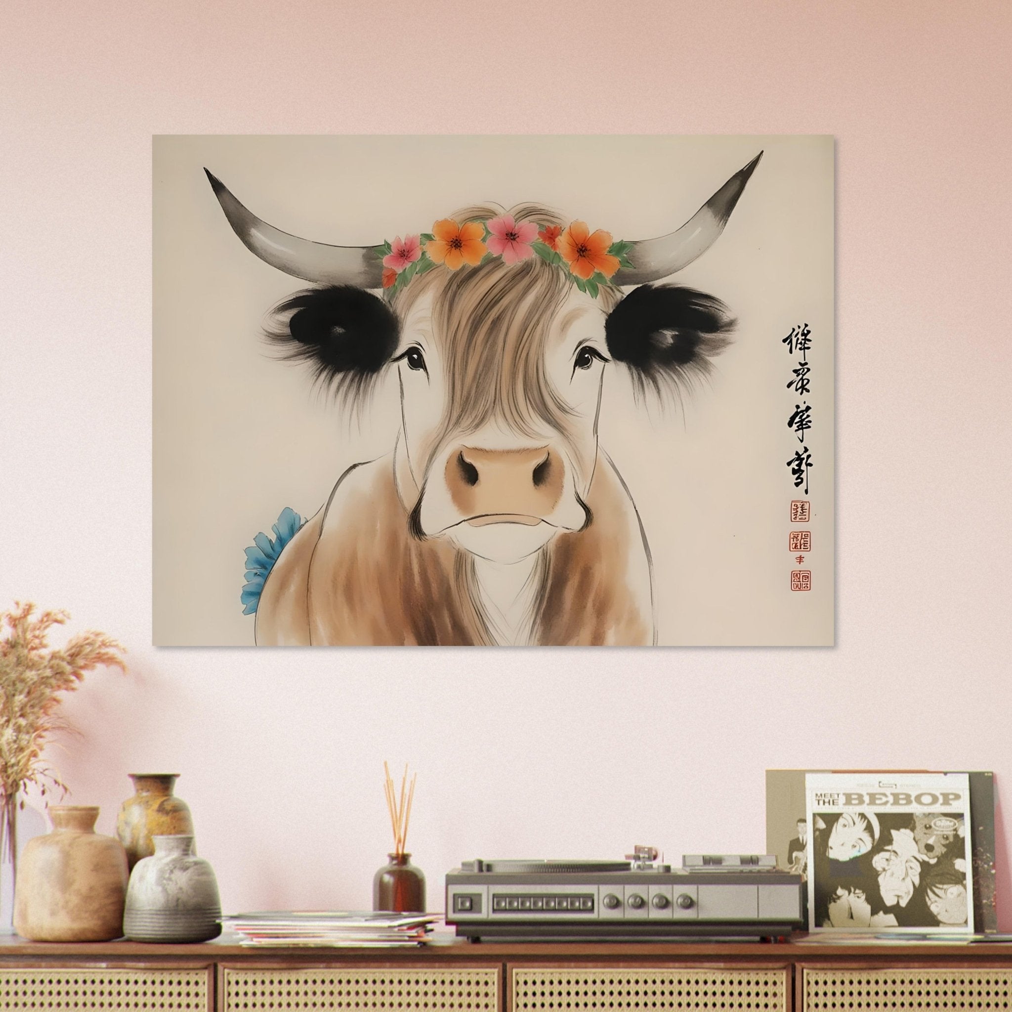 Highland Cow Poster Chinese Brush Painting Style Rustic Boho Wall Decor - WallArtPrints4U