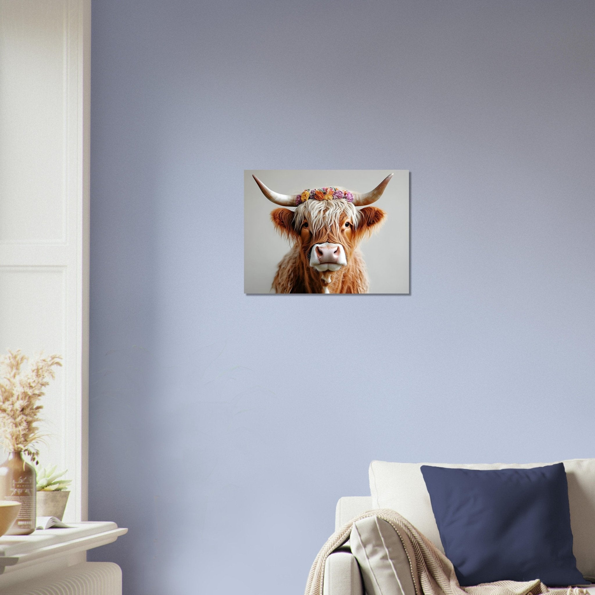 Highland Cow Poster with Flower Crown Rustic Boho Wall Decor - WallArtPrints4U