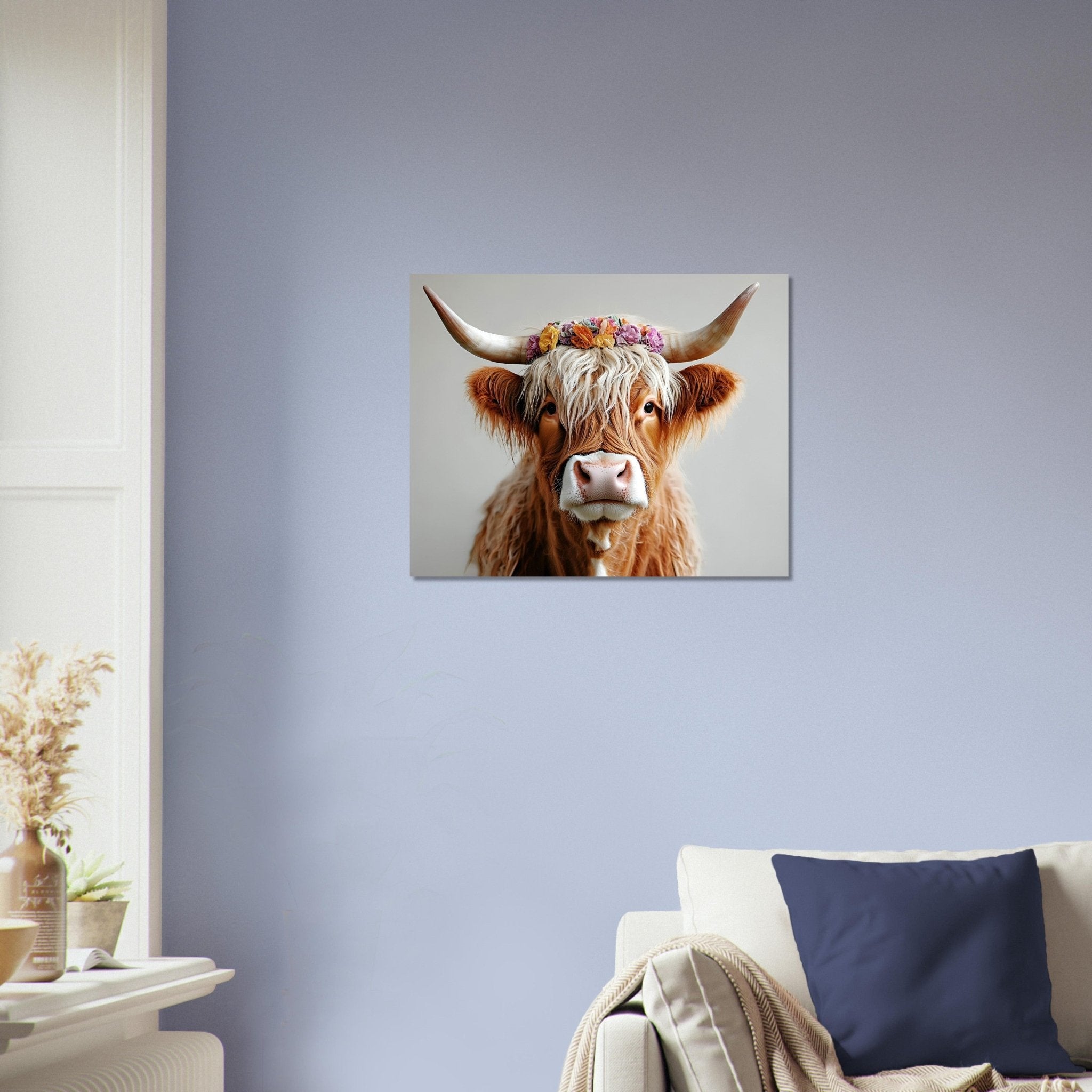 Highland Cow Poster with Flower Crown Rustic Boho Wall Decor - WallArtPrints4U