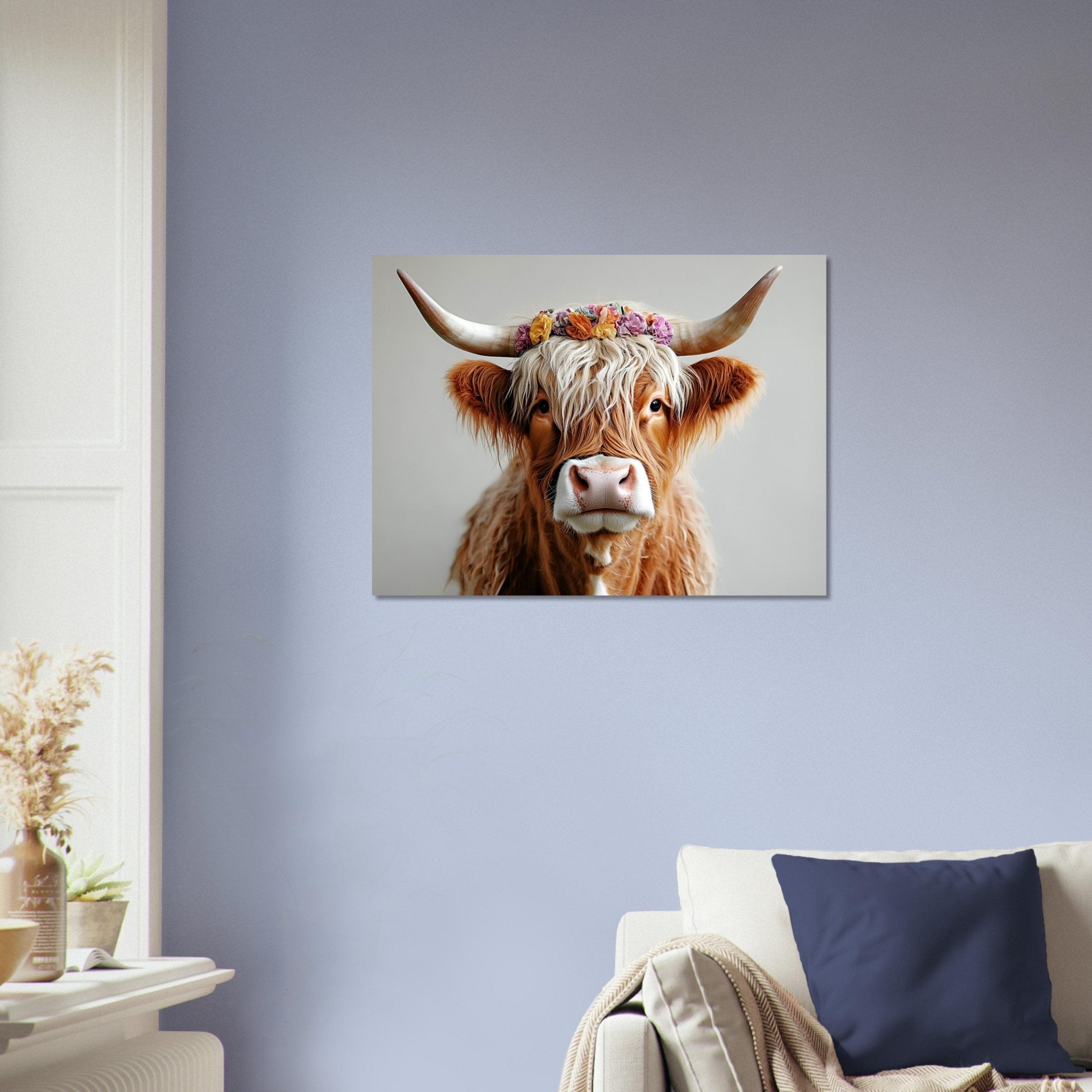 Highland Cow Poster with Flower Crown Rustic Boho Wall Decor - WallArtPrints4U