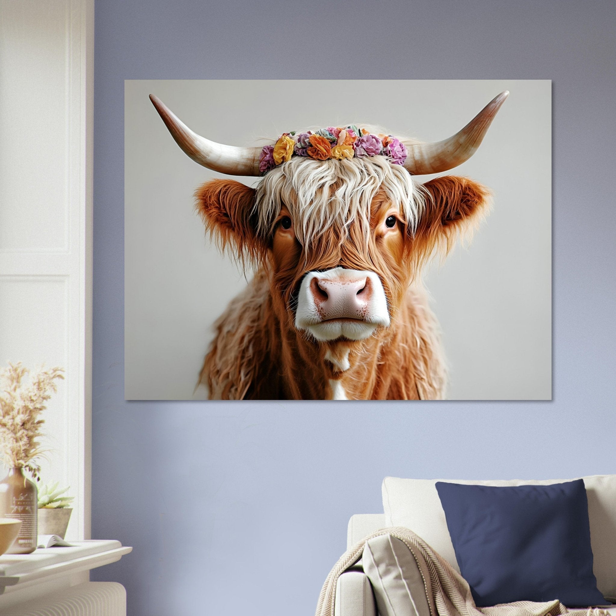 Highland Cow Poster with Flower Crown Rustic Boho Wall Decor - WallArtPrints4U