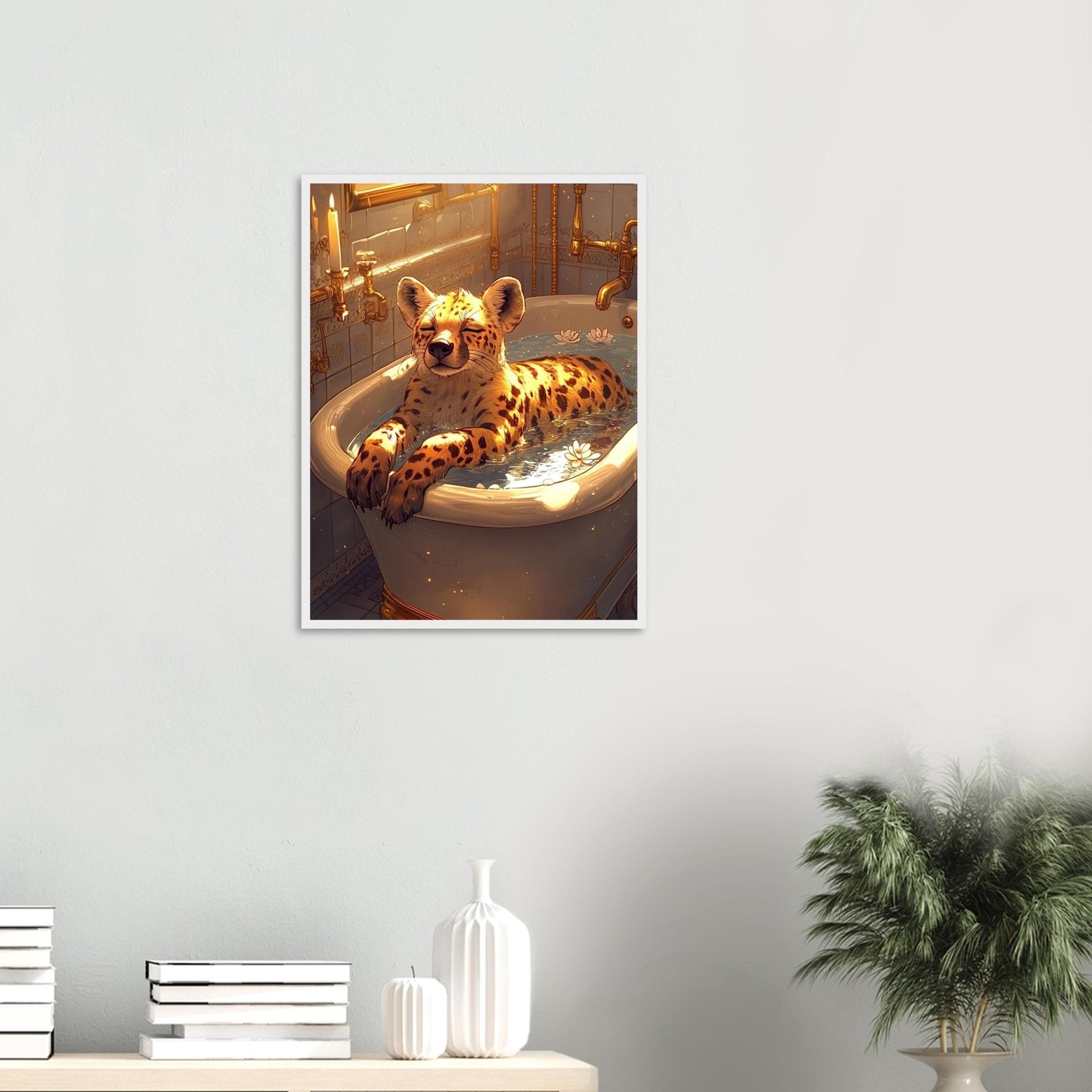 Mindful Hyena Framed Wall Art Vintage Bathtub Meditation Jungle Decor - WallArtPrints4U