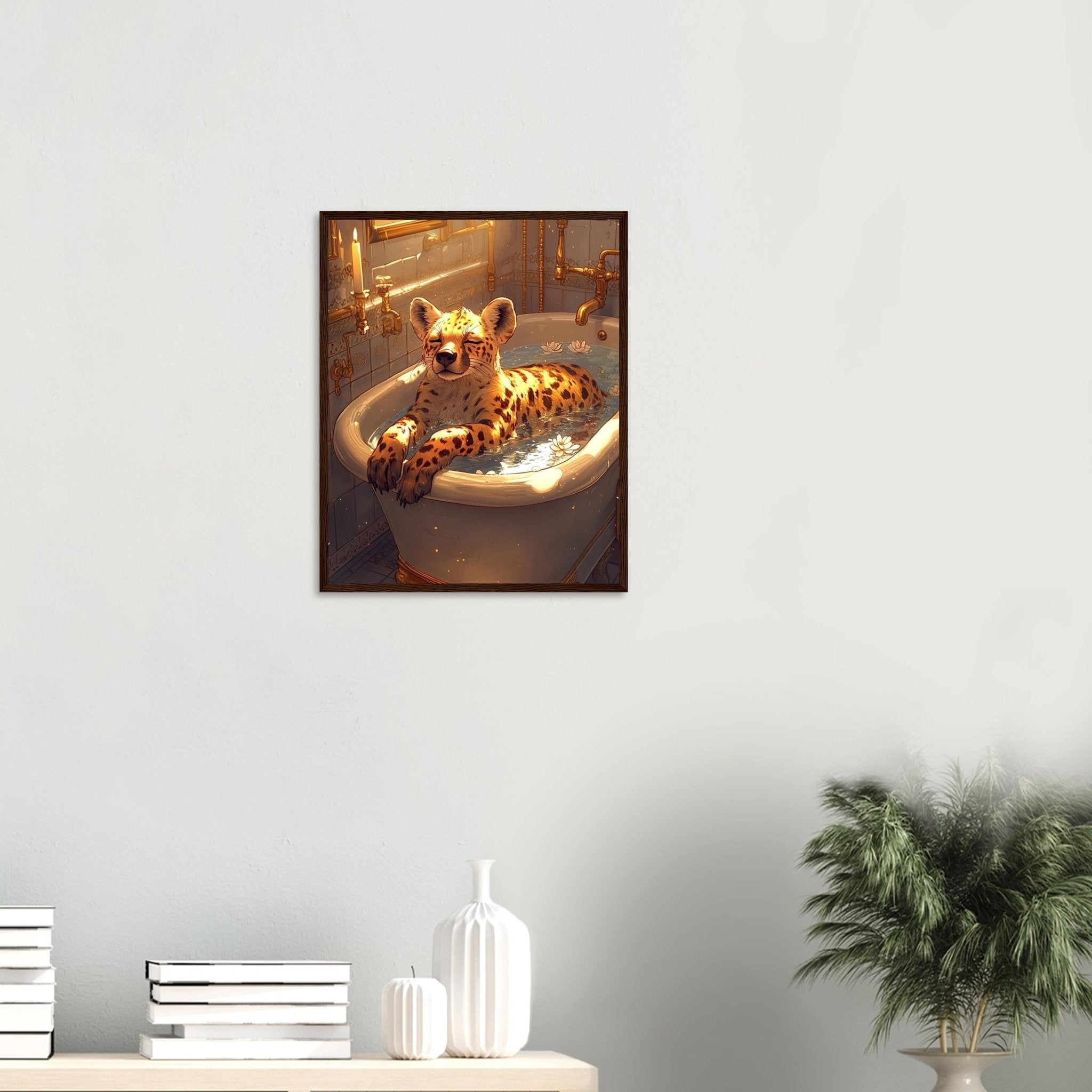 Mindful Hyena Framed Wall Art Vintage Bathtub Meditation Jungle Decor - WallArtPrints4U