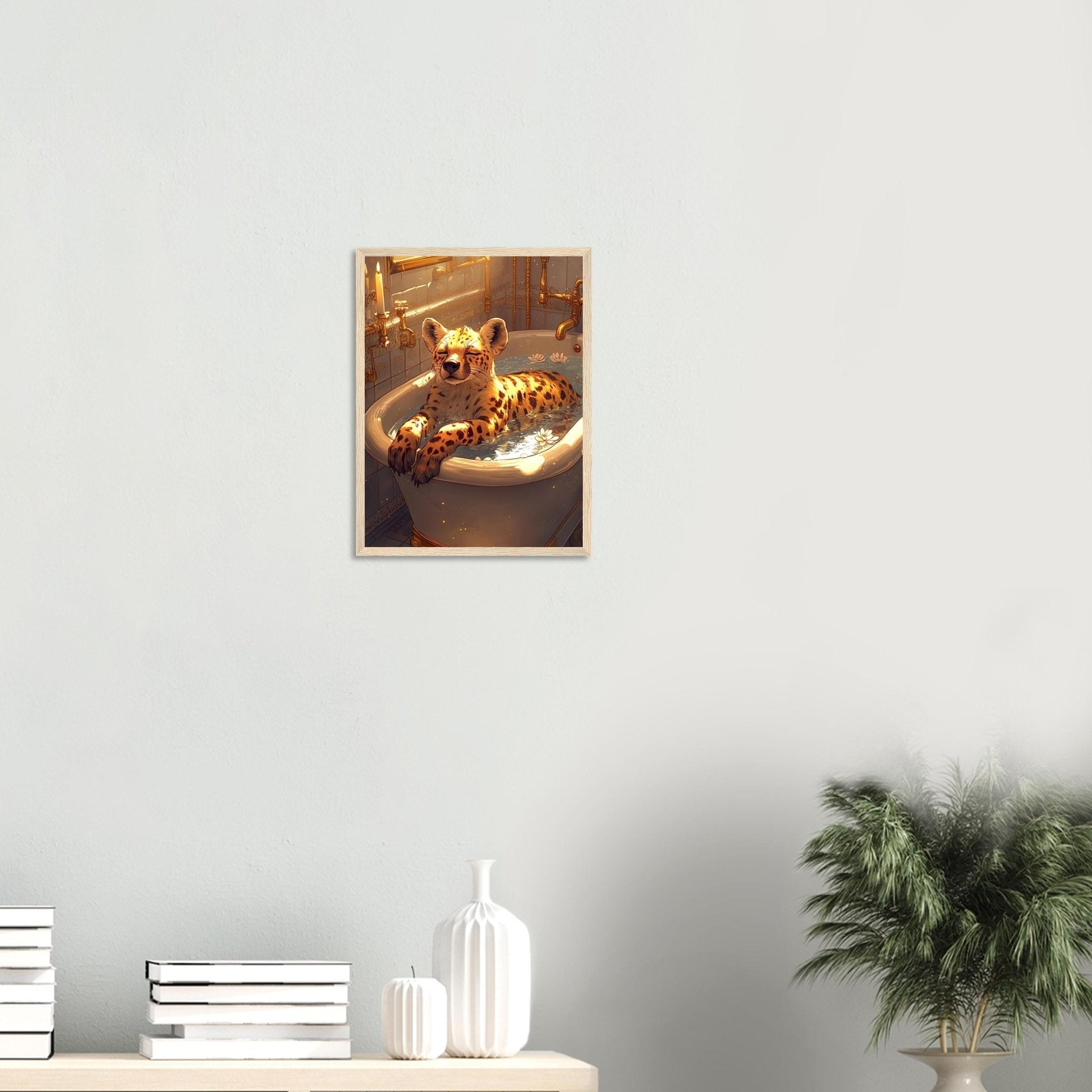 Mindful Hyena Framed Wall Art Vintage Bathtub Meditation Jungle Decor - WallArtPrints4U