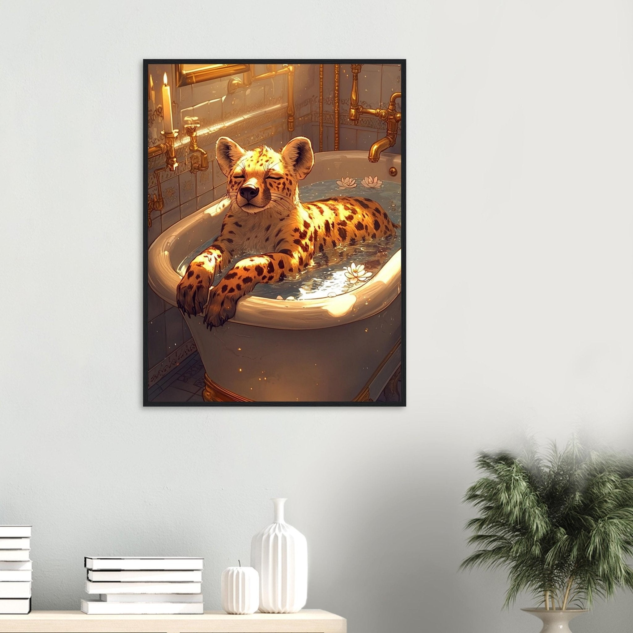 Mindful Hyena Framed Wall Art Vintage Bathtub Meditation Jungle Decor - WallArtPrints4U