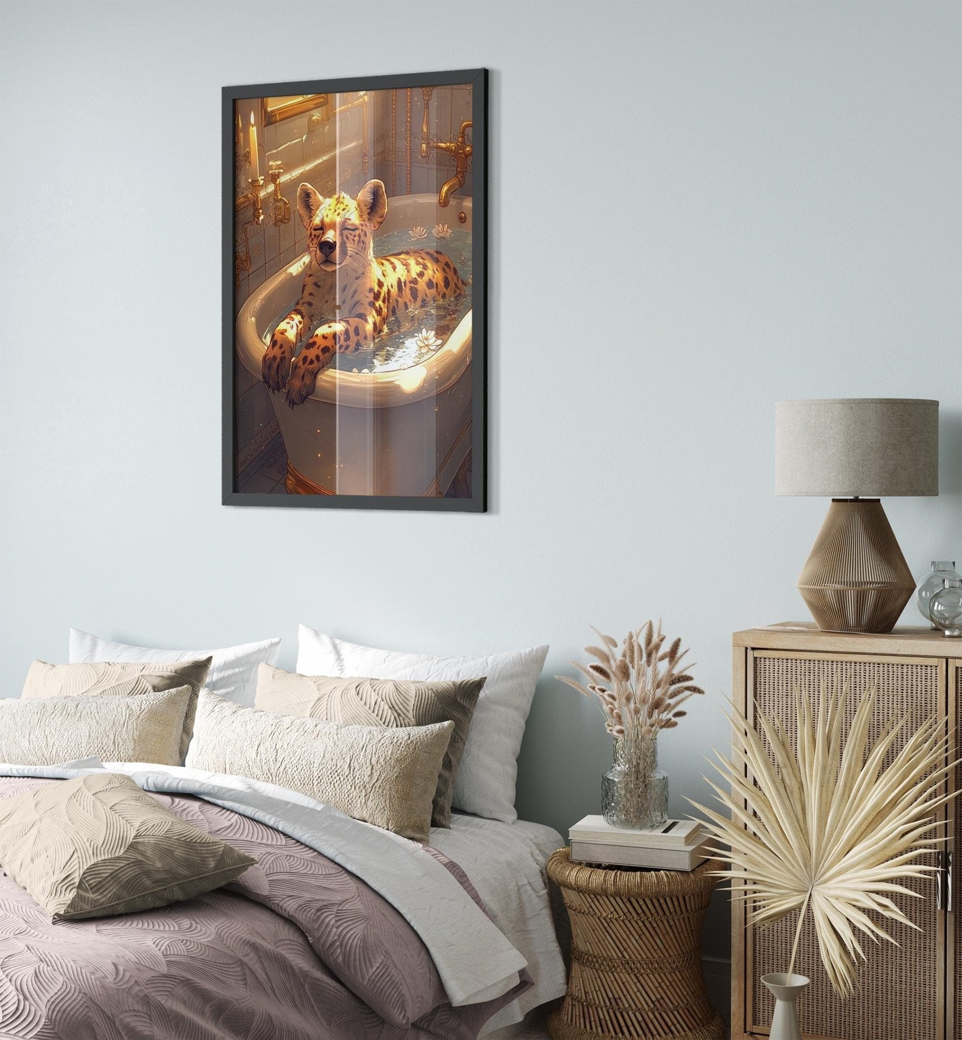 Mindful Hyena Framed Wall Art Vintage Bathtub Meditation Jungle Decor - WallArtPrints4U