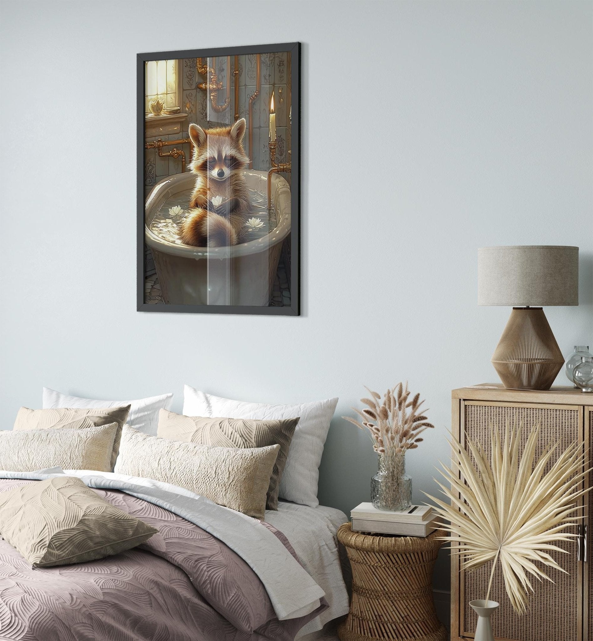 Mindful Raccoon Framed Wall Art Vintage Bathtub Meditation Jungle Decor - WallArtPrints4U