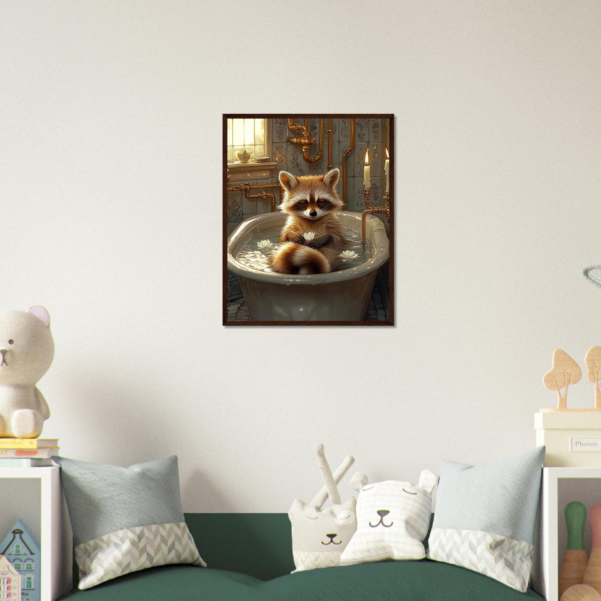 Mindful Raccoon Framed Wall Art Vintage Bathtub Meditation Jungle Decor - WallArtPrints4U