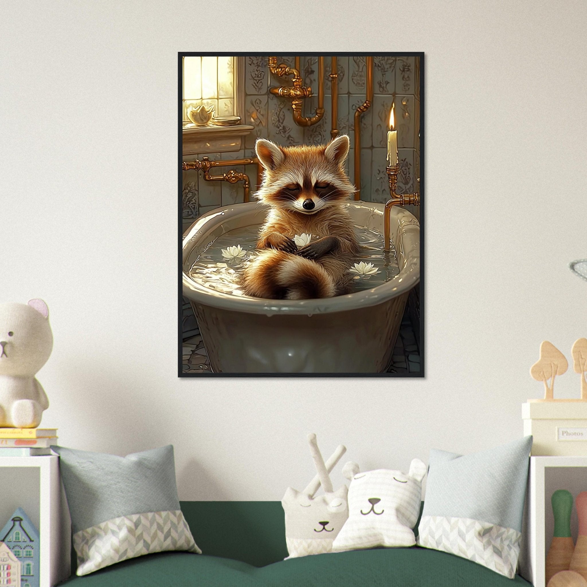 Mindful Raccoon Framed Wall Art Vintage Bathtub Meditation Jungle Decor - WallArtPrints4U