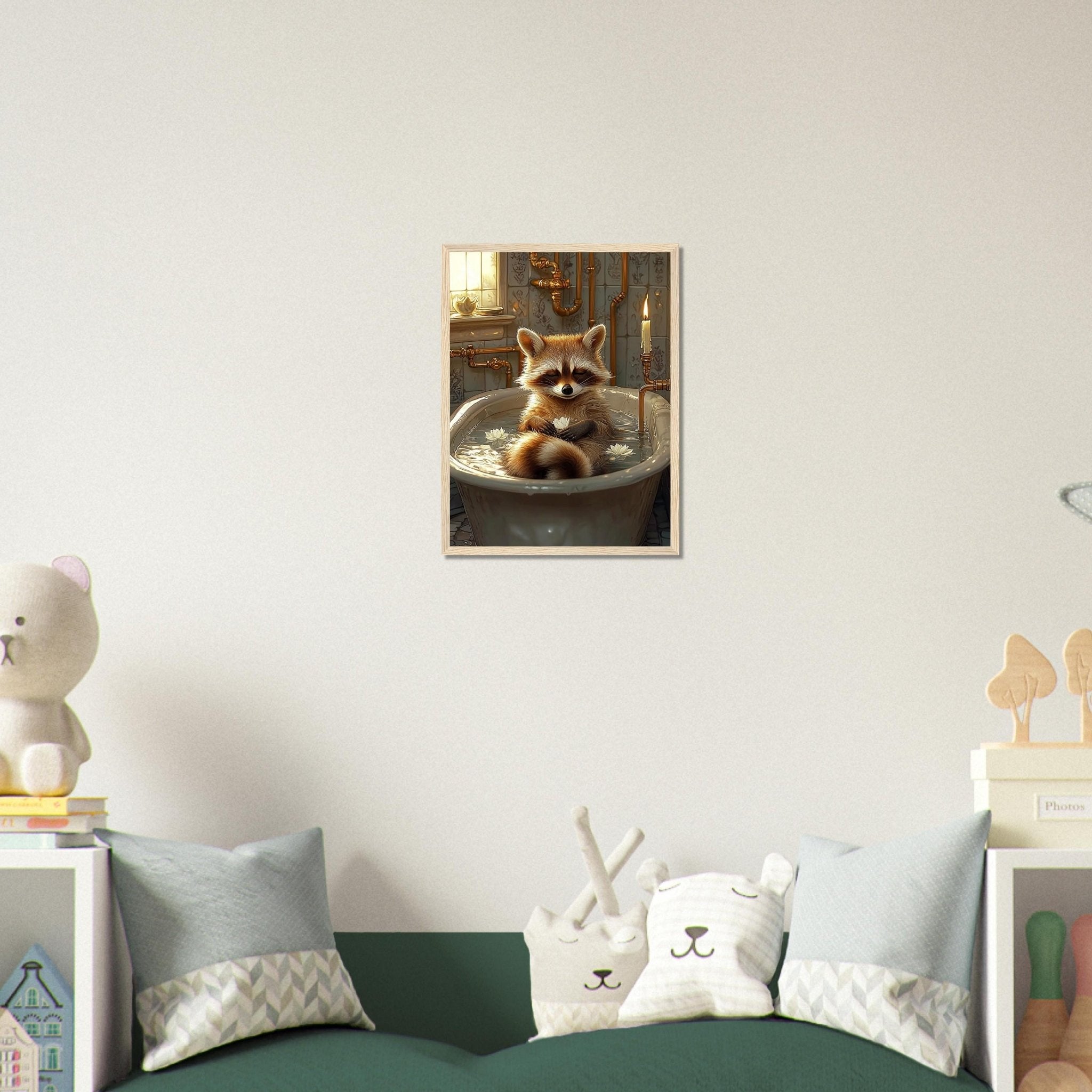 Mindful Raccoon Framed Wall Art Vintage Bathtub Meditation Jungle Decor - WallArtPrints4U