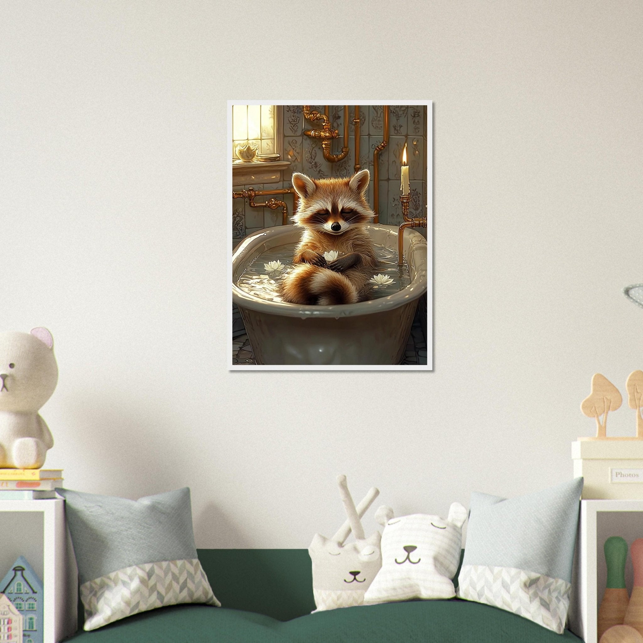 Mindful Raccoon Framed Wall Art Vintage Bathtub Meditation Jungle Decor - WallArtPrints4U