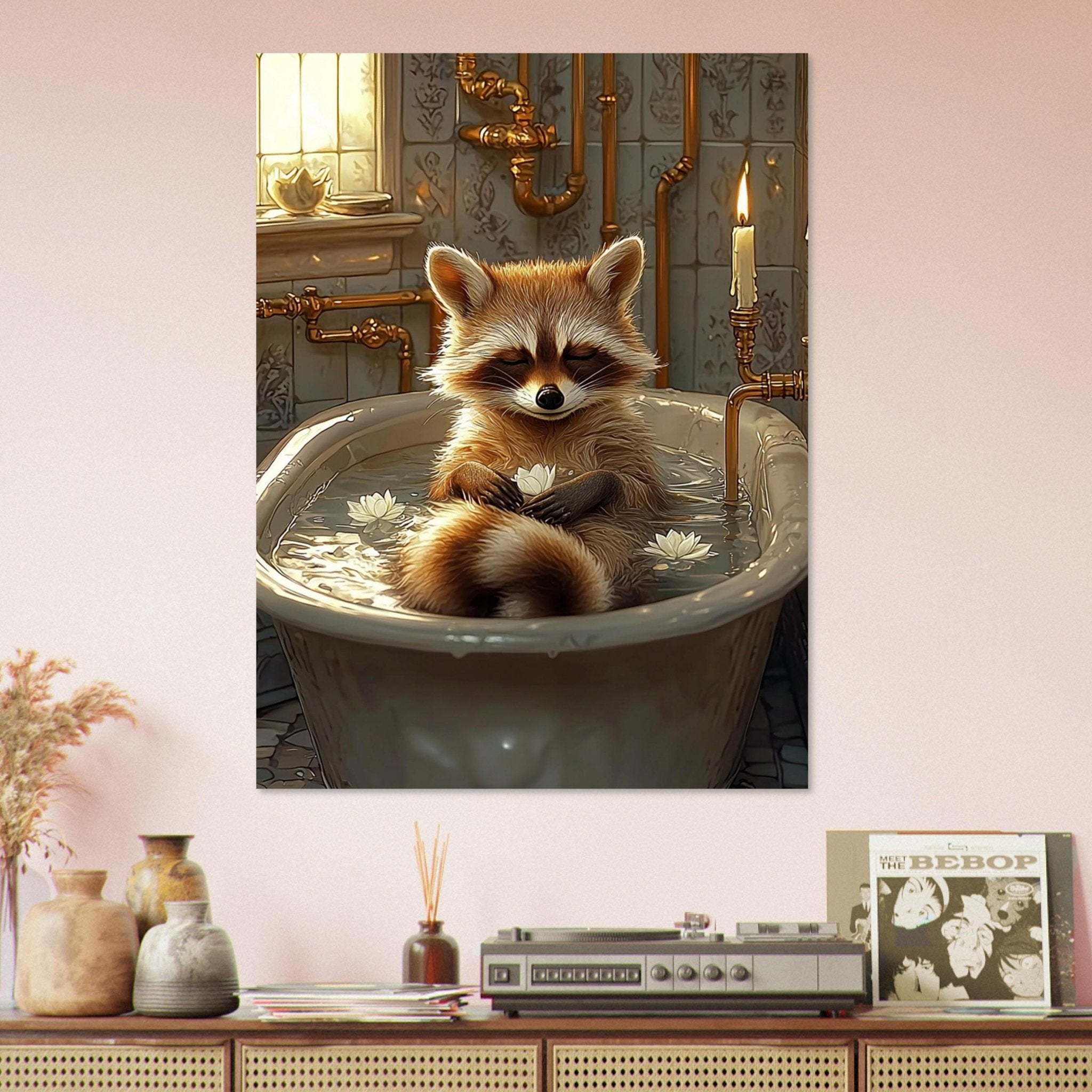 Mindful Raccoon Poster In Vintage Bathtub Meditating Feminist Maximalist Poster Wall Art Bathroom Decor Trendy Raccoon Gift - WallArtPrints4U