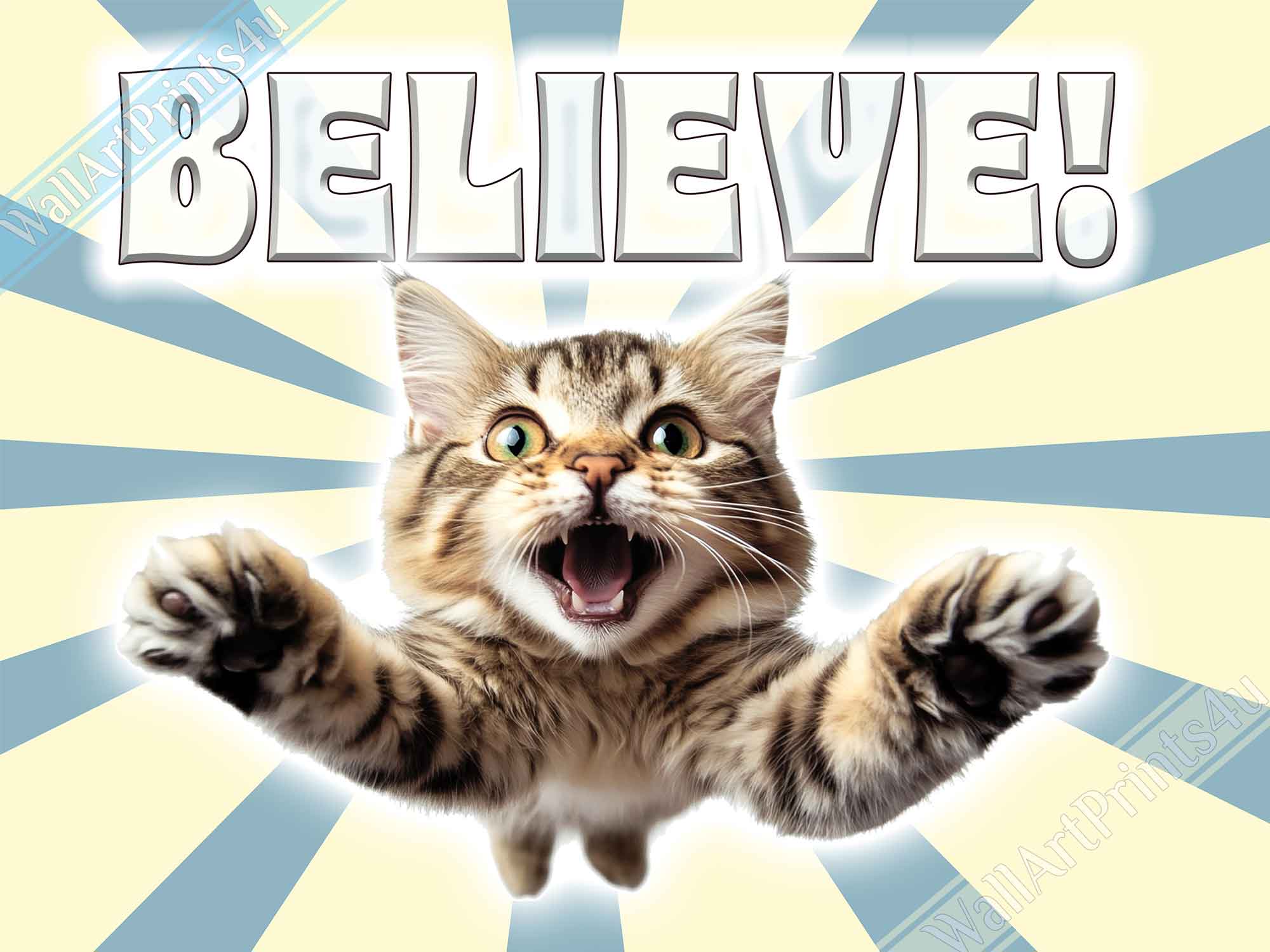 Vintage Believe Kitten Digital Download - Retro Cat Art Printable with Inspirational Message - WallArtPrints4U