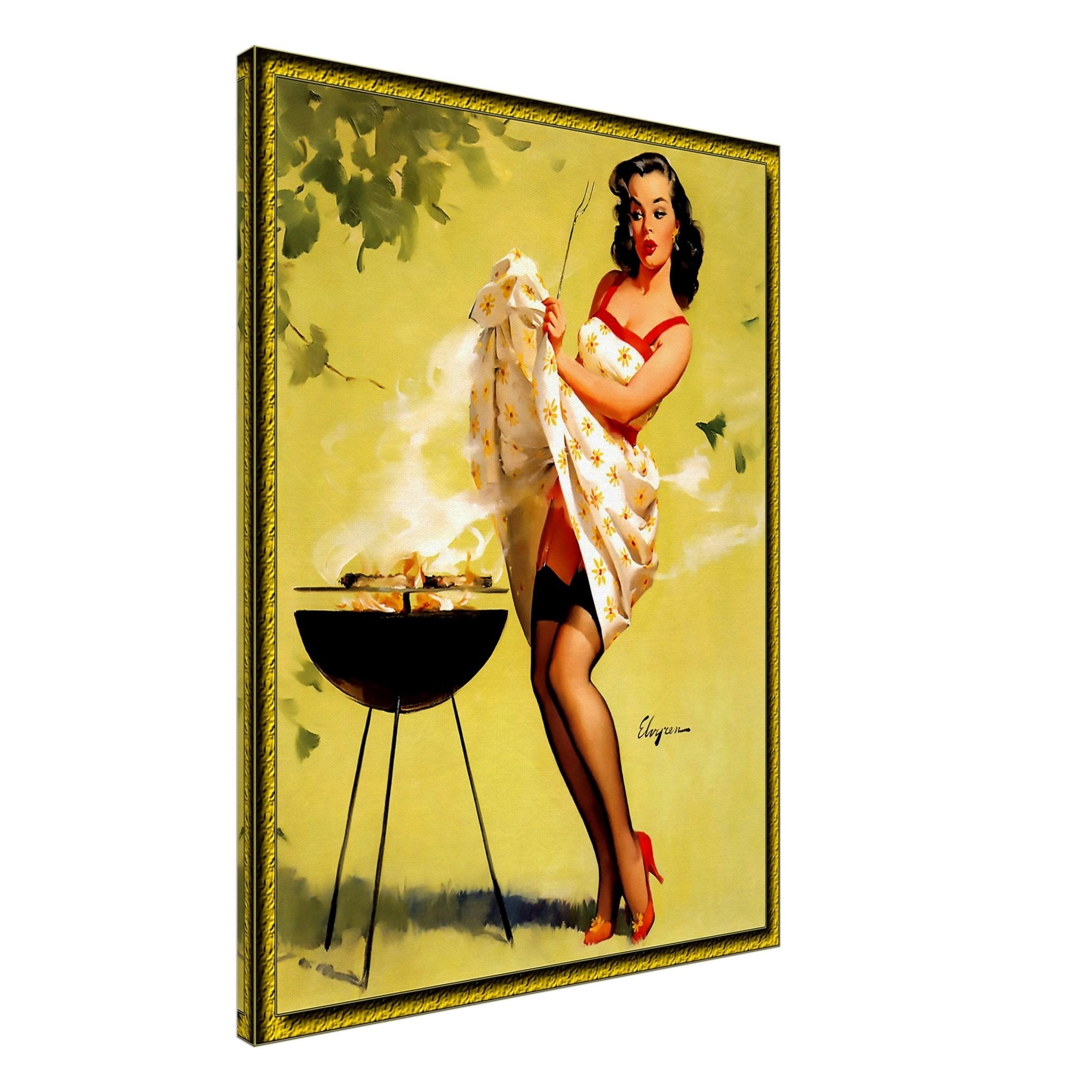 Vintage Pin Up Girl Canvas, Barbeque Fanning Smoke - Gil Elvgren - Vintage Art - Retro Pin Up Girl Canvas Print - Late 1940'S - 1950'S - WallArtPrints4U