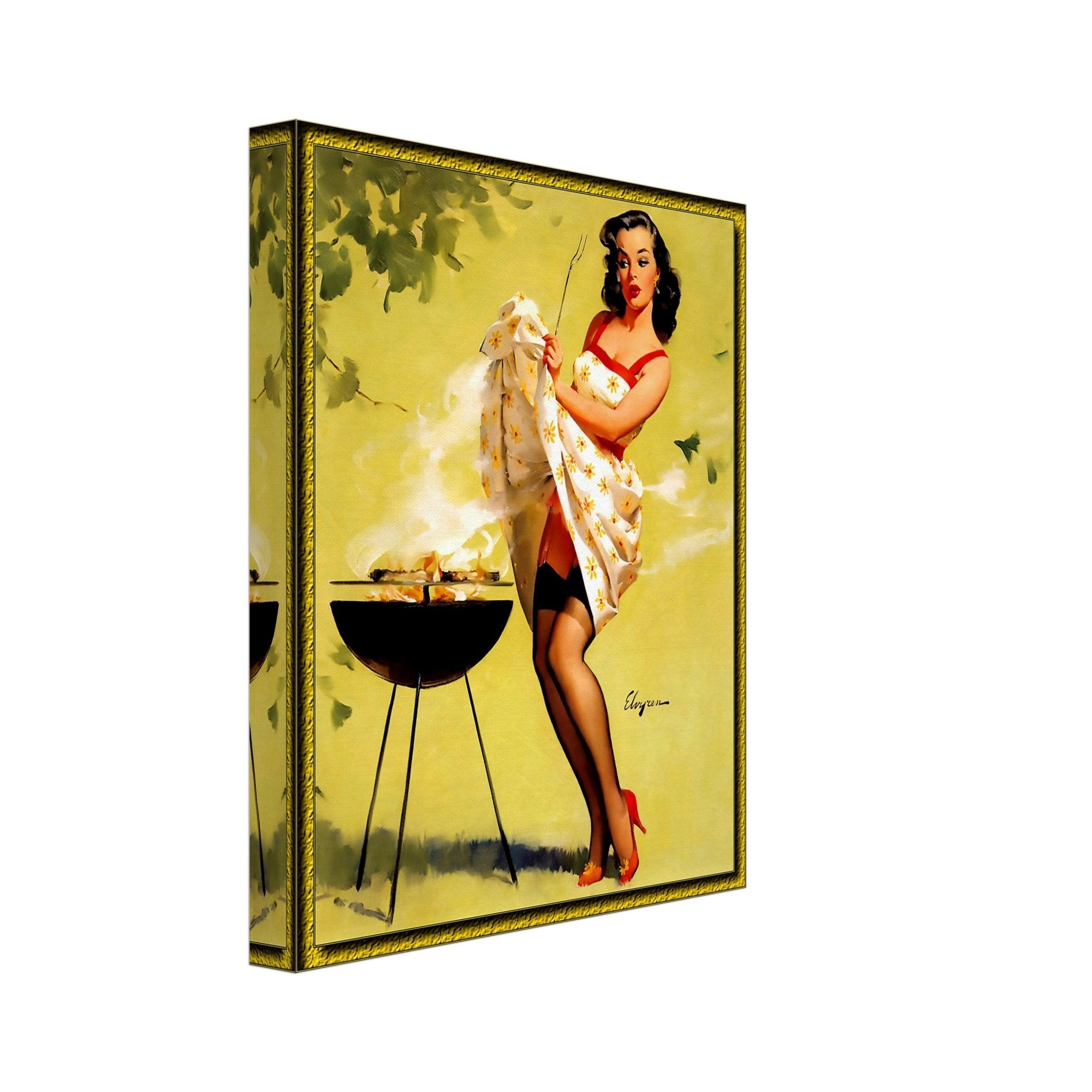 Vintage Pin Up Girl Canvas, Barbeque Fanning Smoke - Gil Elvgren - Vintage Art - Retro Pin Up Girl Canvas Print - Late 1940'S - 1950'S - WallArtPrints4U