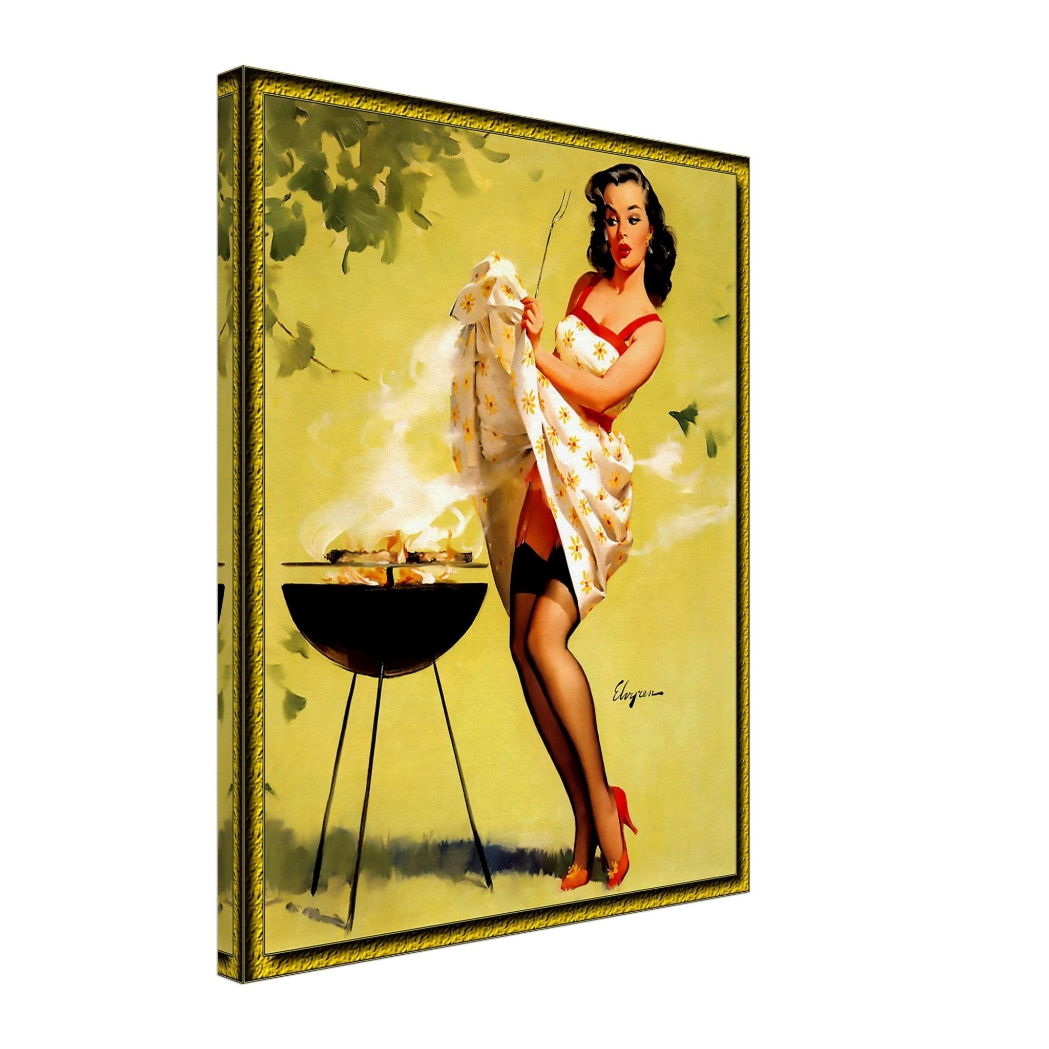 Vintage Pin Up Girl Canvas, Barbeque Fanning Smoke - Gil Elvgren - Vintage Art - Retro Pin Up Girl Canvas Print - Late 1940'S - 1950'S - WallArtPrints4U