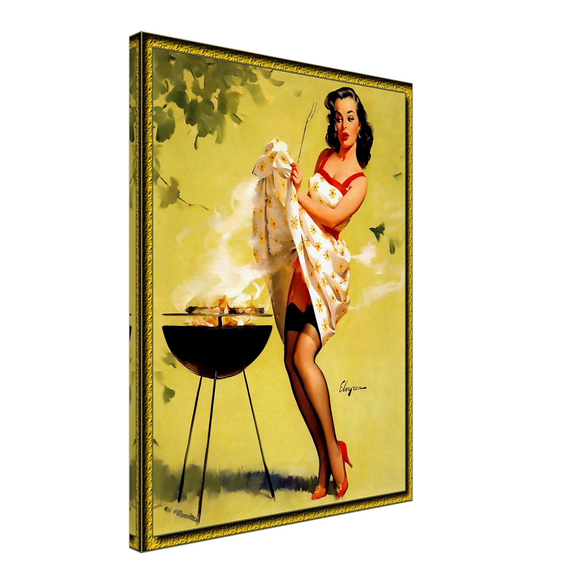 Vintage Pin Up Girl Canvas, Barbeque Fanning Smoke - Gil Elvgren - Vintage Art - Retro Pin Up Girl Canvas Print - Late 1940'S - 1950'S - WallArtPrints4U