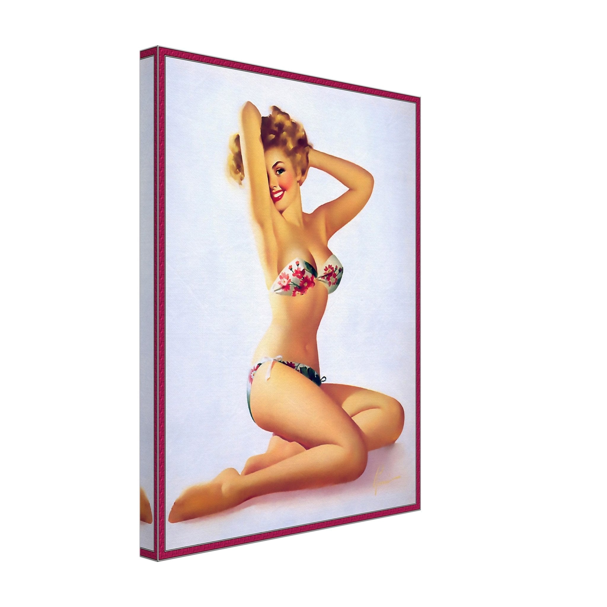 Vintage Pin Up Girl Canvas, Red Flowers On Bikini - Edward Runci - Vintage Art - Retro Pin Up Girl Canvas Print - Late 1940'S - 1950'S - WallArtPrints4U