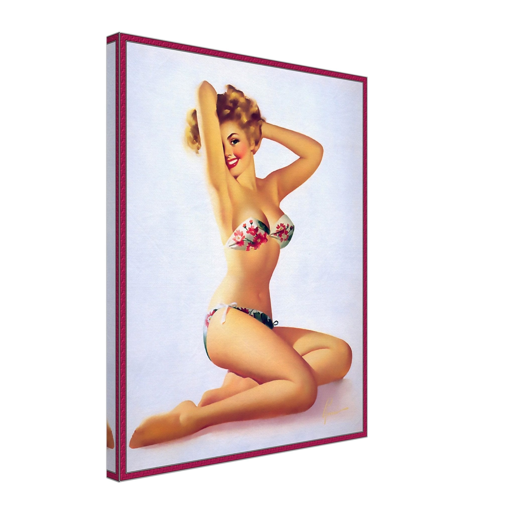 Vintage Pin Up Girl Canvas, Red Flowers On Bikini - Edward Runci - Vintage Art - Retro Pin Up Girl Canvas Print - Late 1940'S - 1950'S - WallArtPrints4U