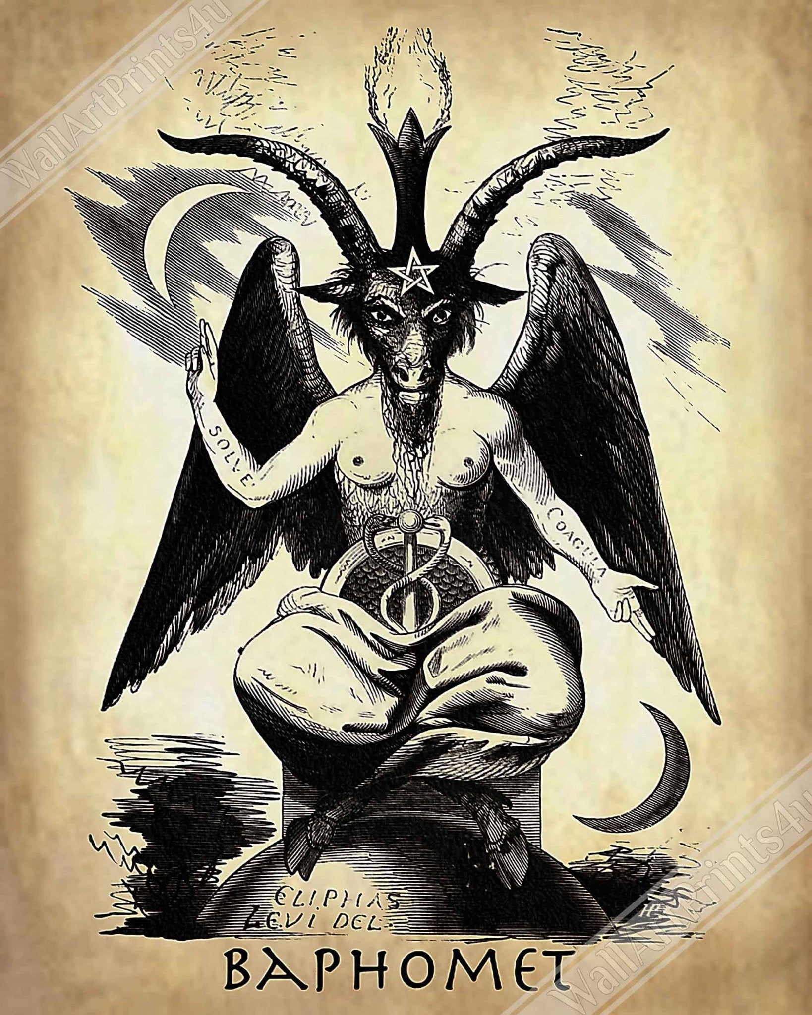 Baphomet Framed, Parchment Devil Halloween Wall Art, Satanic Goat Giant Framed UK, EU, USA, AUS Domestic Shipping - WallArtPrints4U