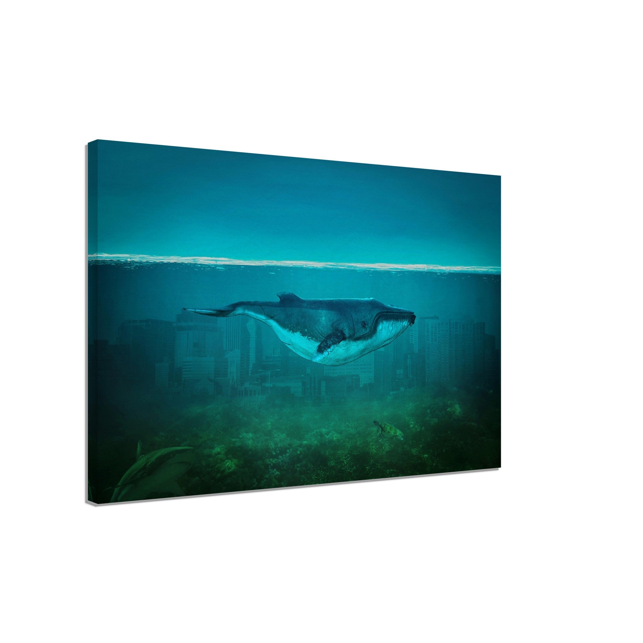 Blue Whale Canvas Vintage Whale Art - Blue Whale In Underwater City - WallArtPrints4U