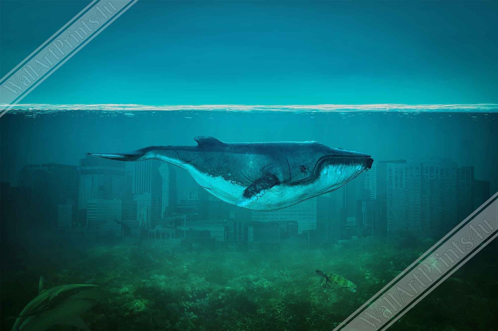 Blue Whale Canvas Vintage Whale Art - Blue Whale In Underwater City - WallArtPrints4U