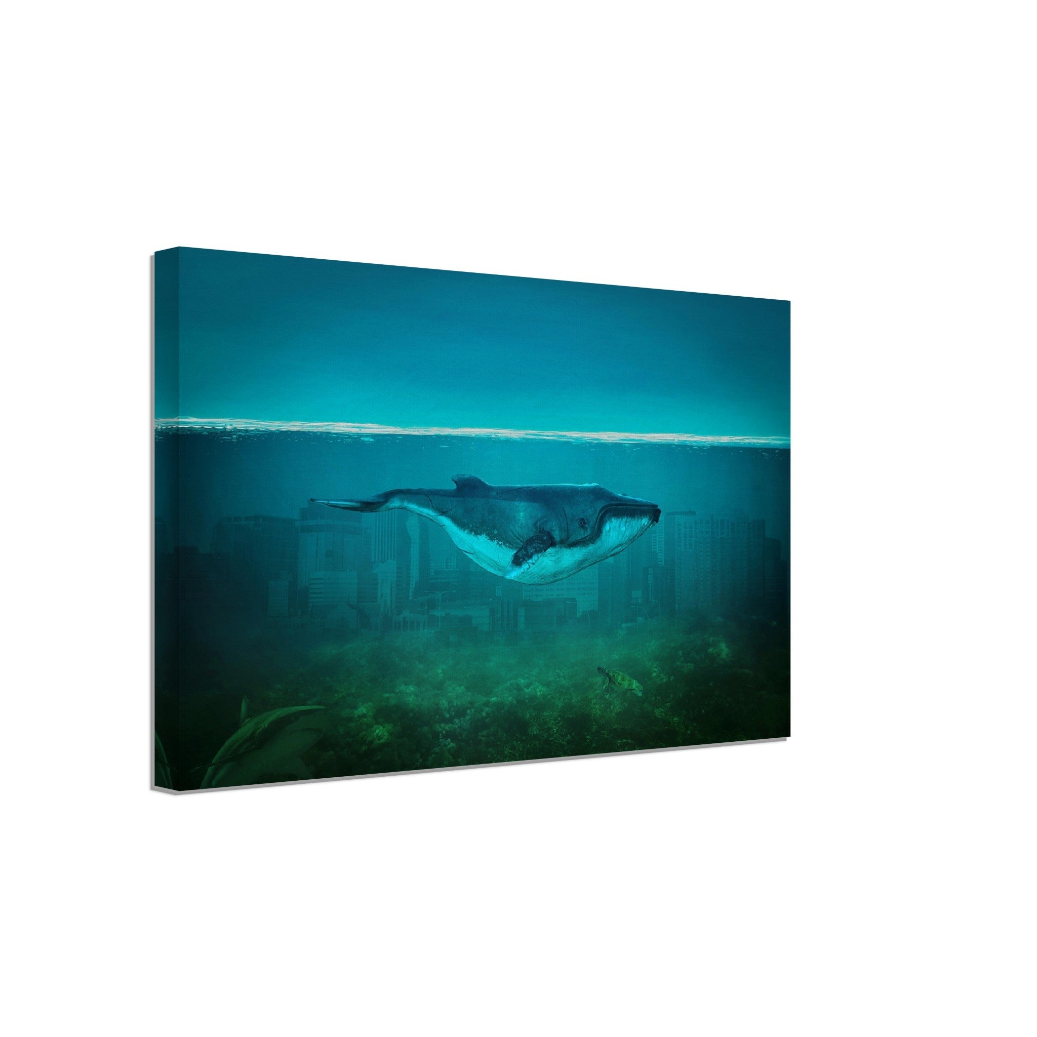 Blue Whale Canvas Vintage Whale Art - Blue Whale In Underwater City - WallArtPrints4U