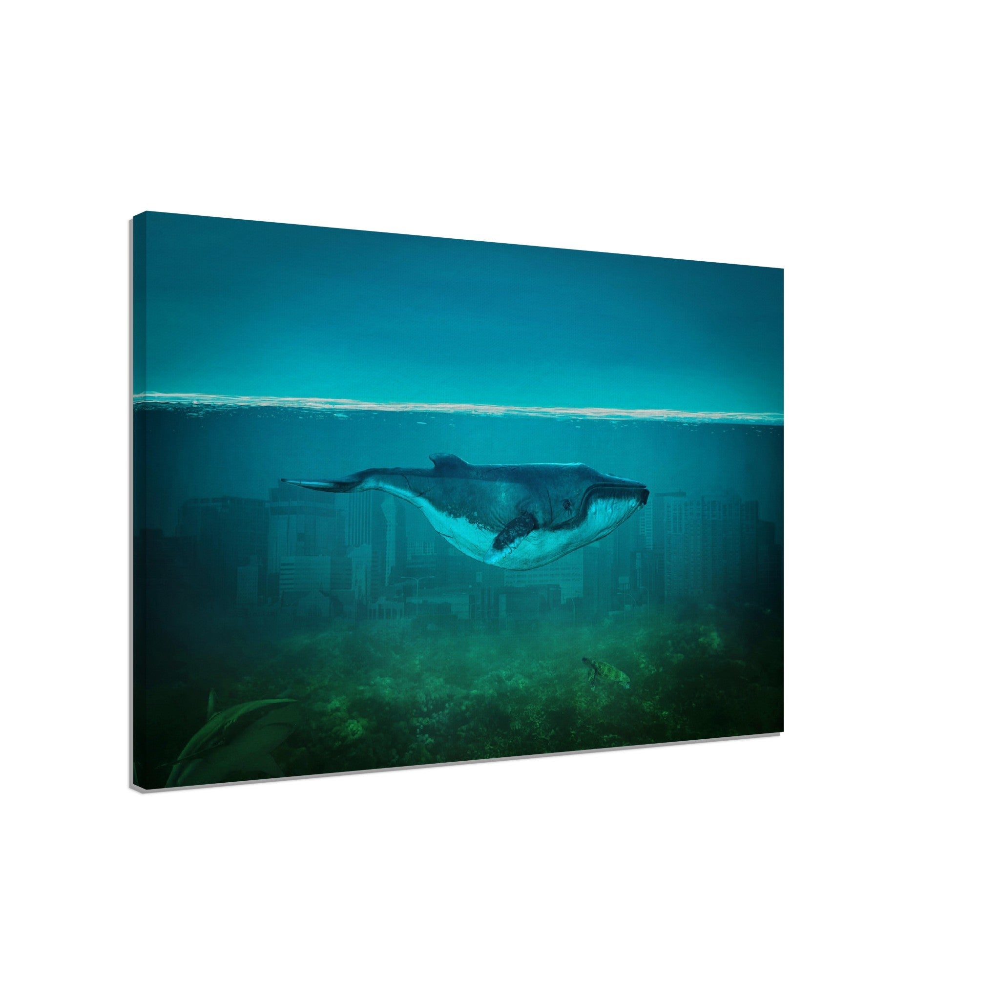 Blue Whale Canvas Vintage Whale Art - Blue Whale In Underwater City - WallArtPrints4U