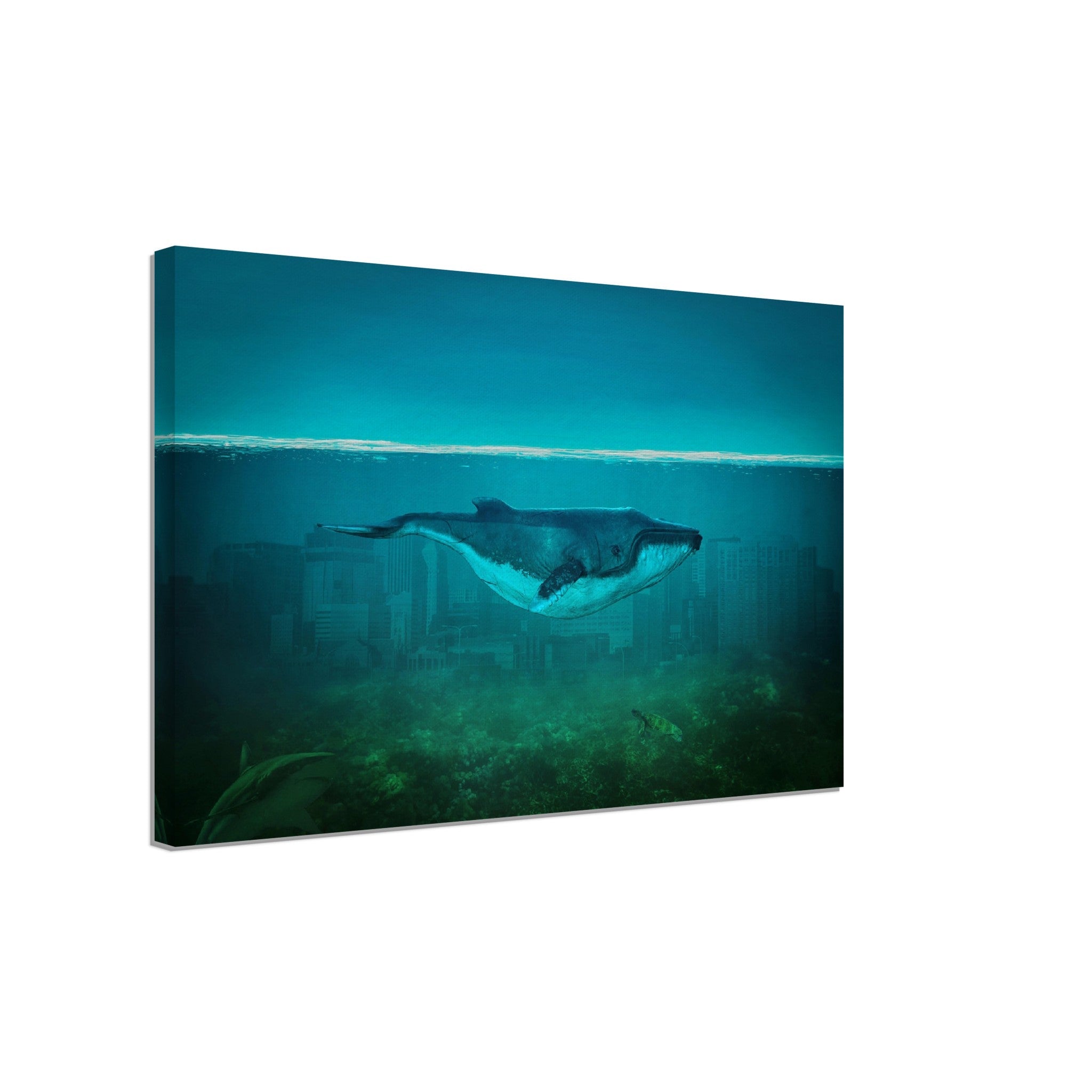 Blue Whale Canvas Vintage Whale Art - Blue Whale In Underwater City - WallArtPrints4U