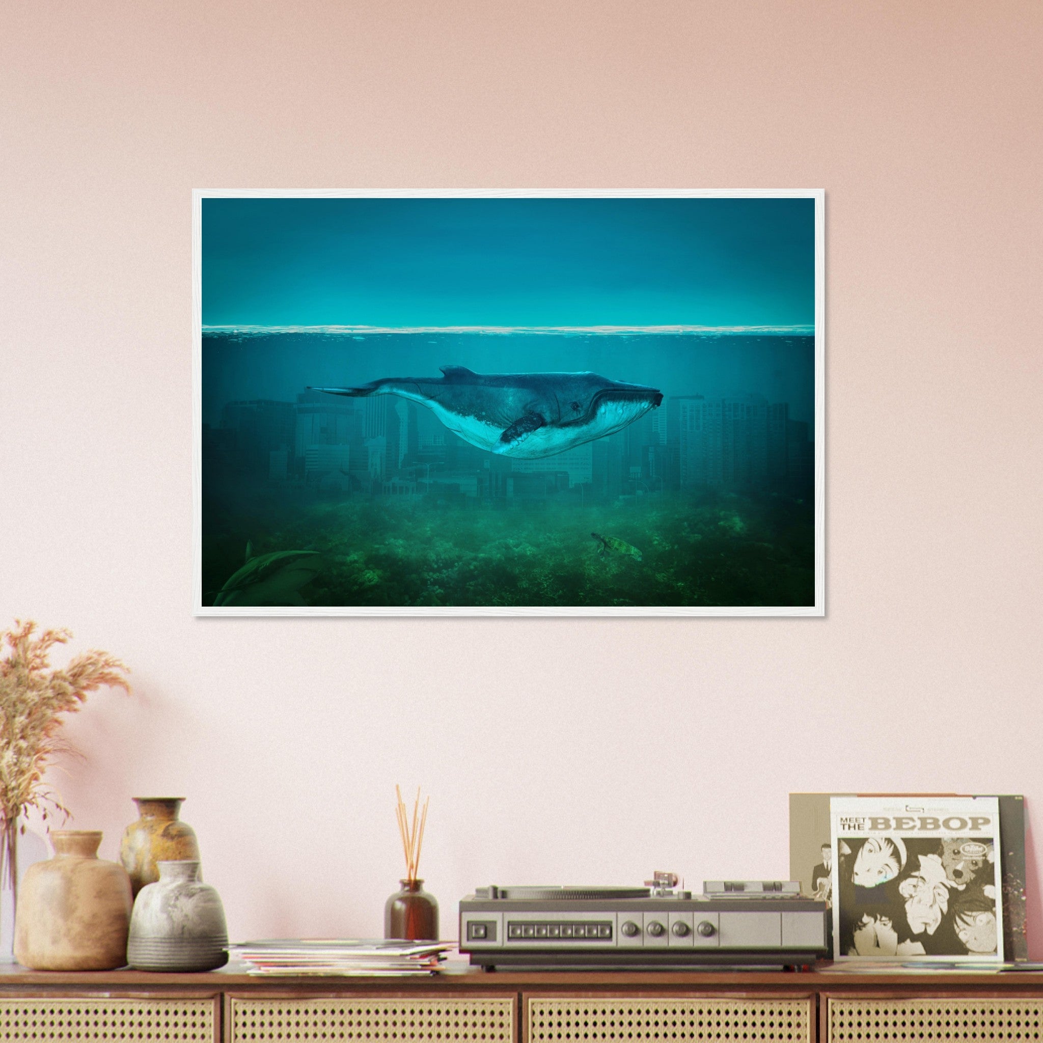 Blue Whale Framed Print Vintage Whale Art - Blue Whale In Underwater City - WallArtPrints4U