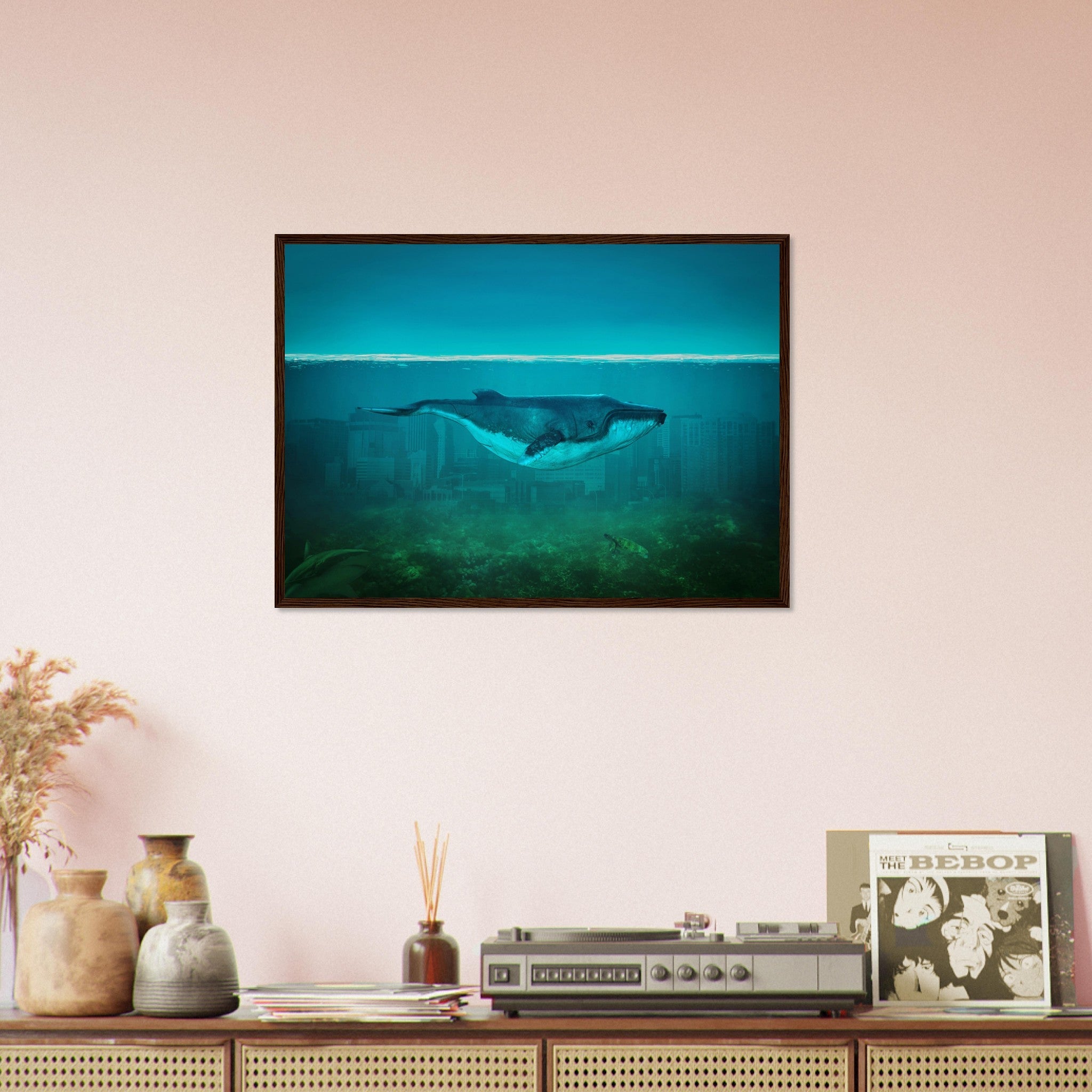 Blue Whale Framed Print Vintage Whale Art - Blue Whale In Underwater City - WallArtPrints4U