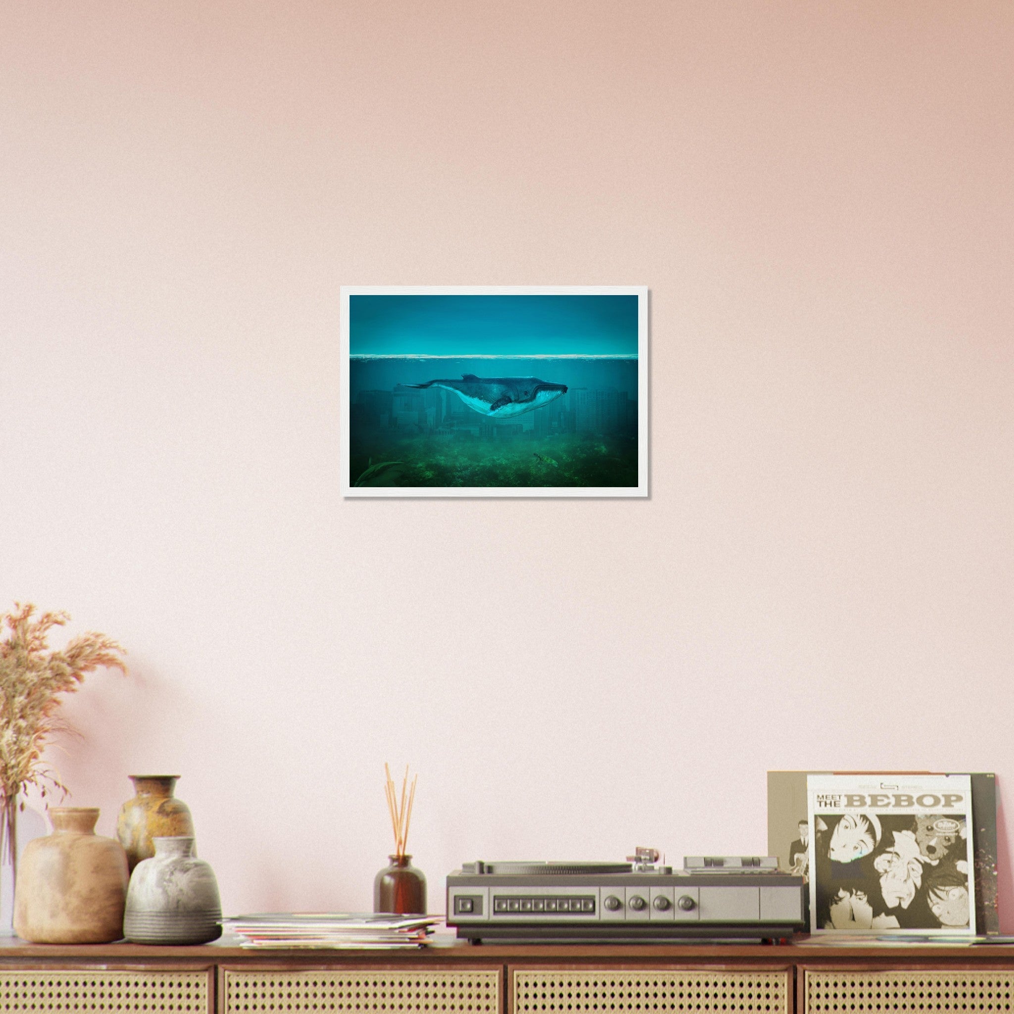 Blue Whale Framed Print Vintage Whale Art - Blue Whale In Underwater City - WallArtPrints4U