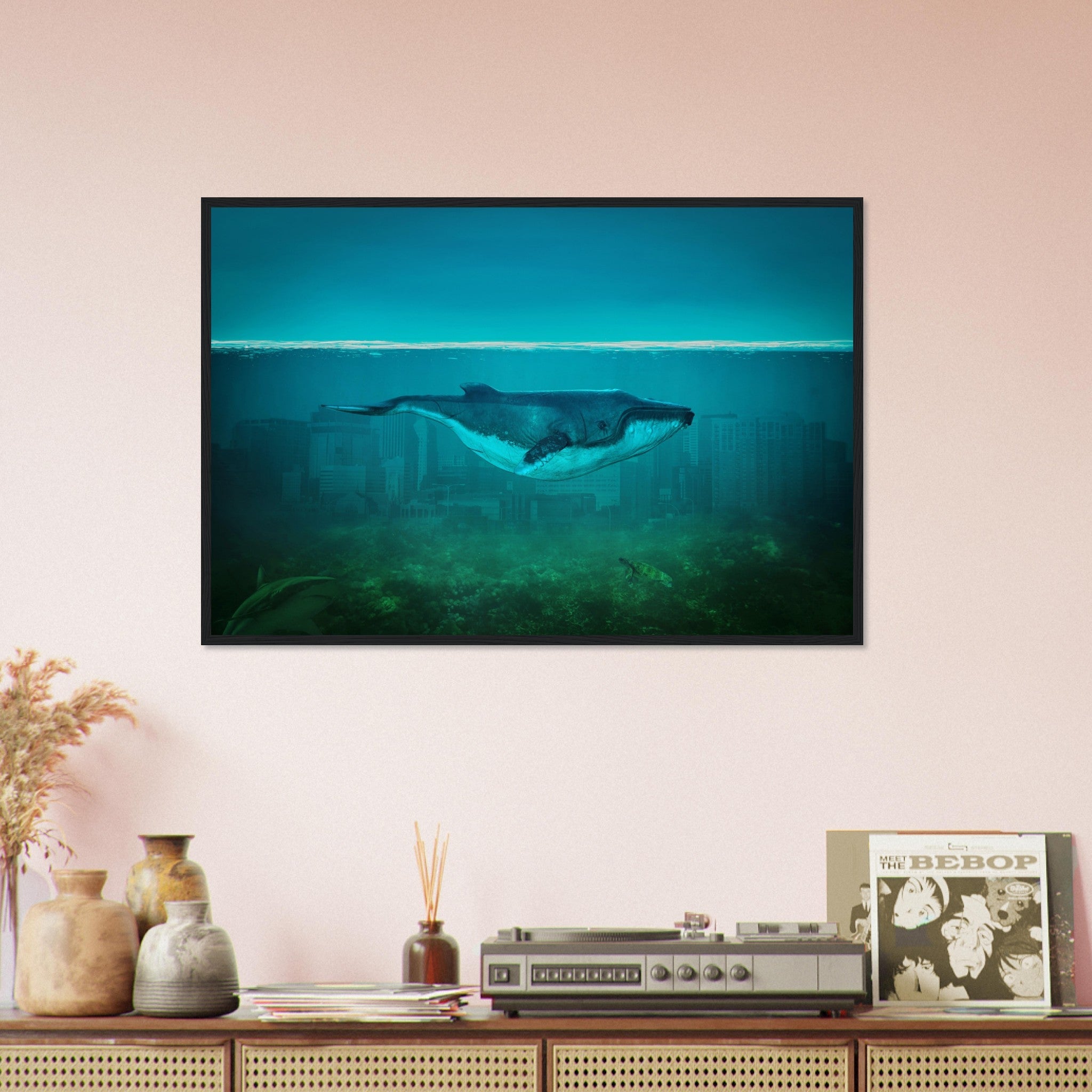 Blue Whale Framed Print Vintage Whale Art - Blue Whale In Underwater City - WallArtPrints4U