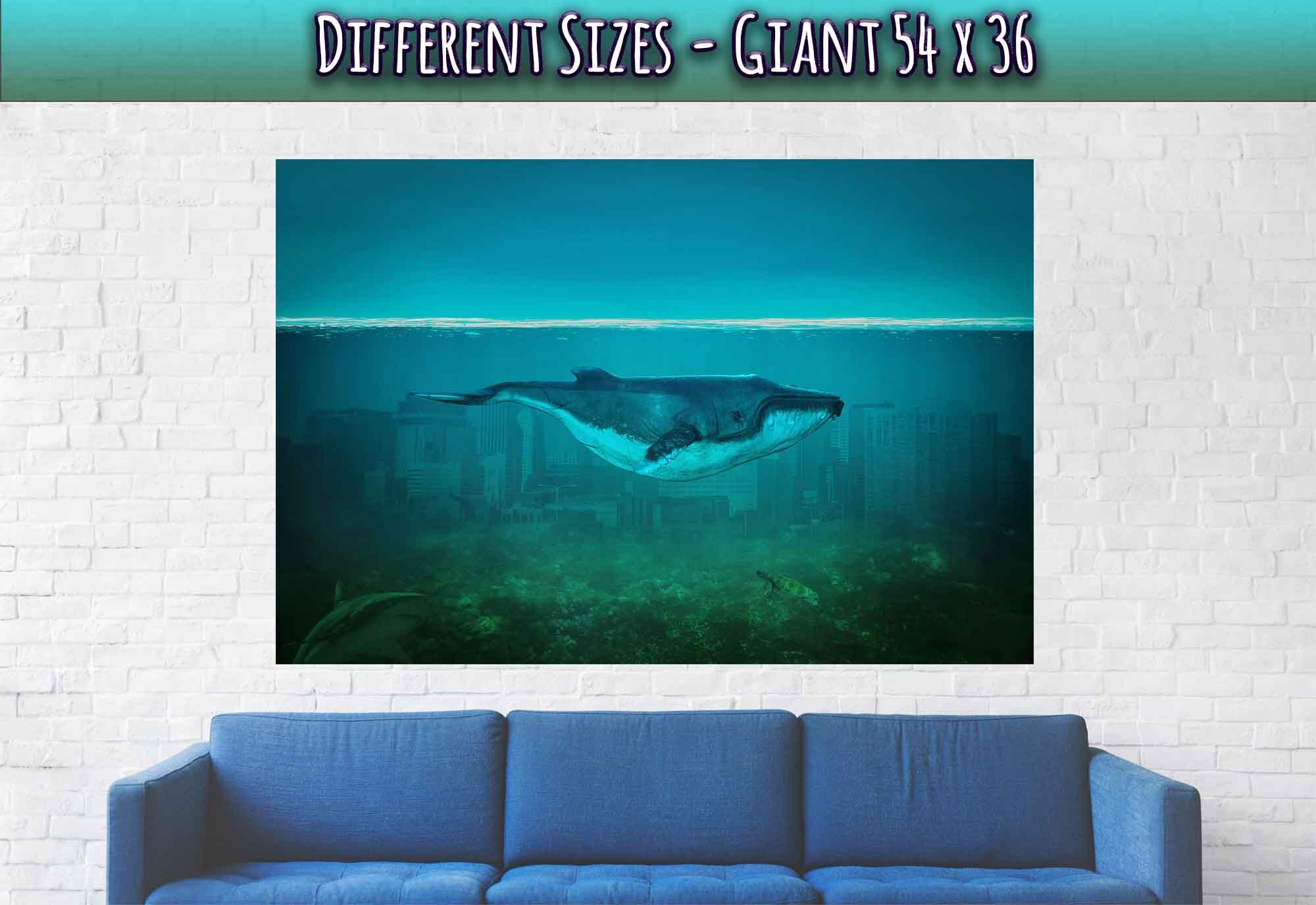 Blue Whale Poster Vintage Whale Art - Blue Whale In Underwater City - WallArtPrints4U