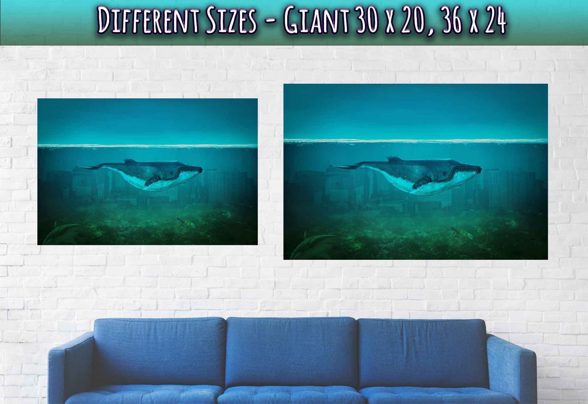 Blue Whale Poster Vintage Whale Art - Blue Whale In Underwater City - WallArtPrints4U