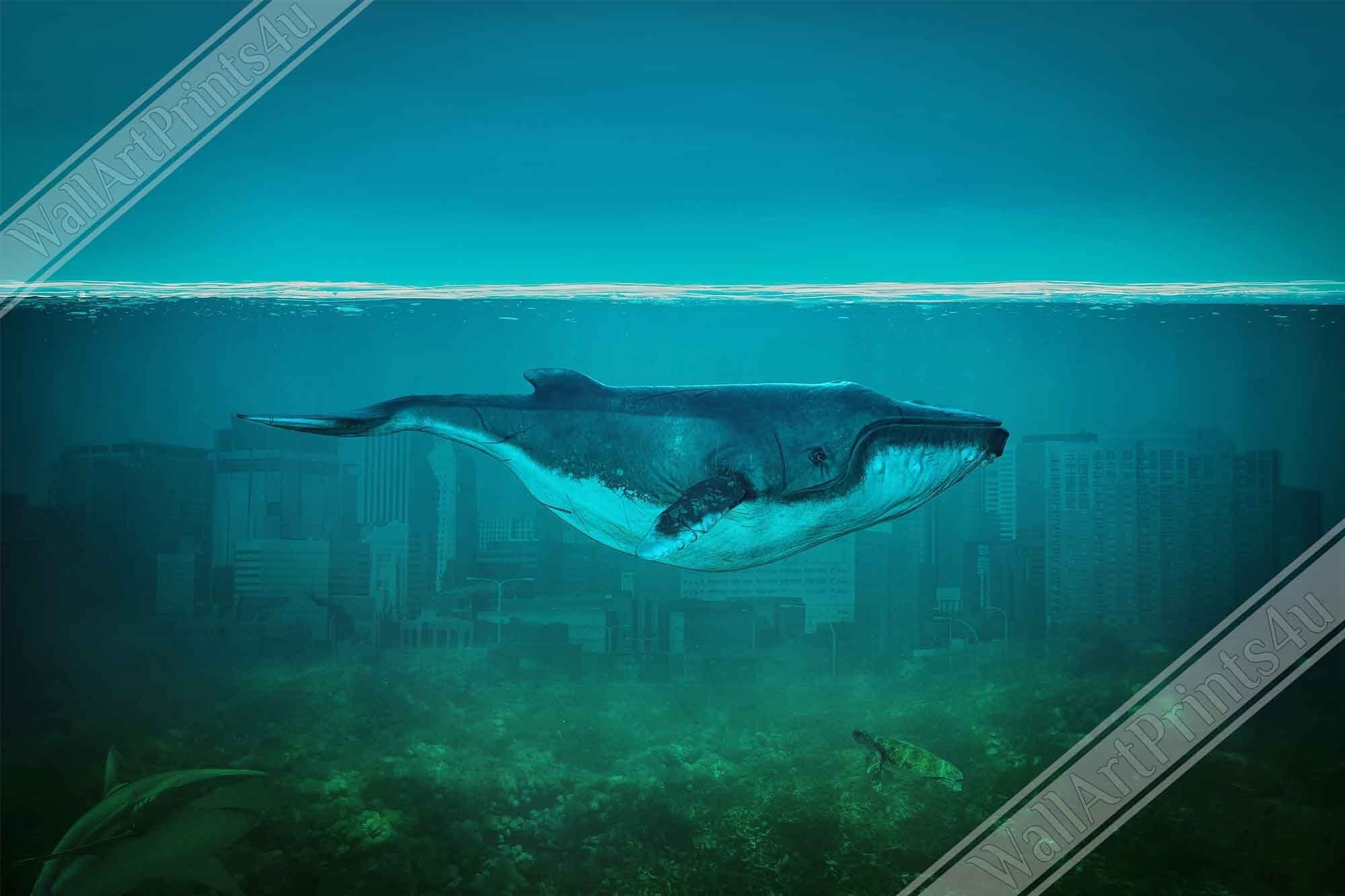 Blue Whale Poster Vintage Whale Art - Blue Whale In Underwater City - WallArtPrints4U