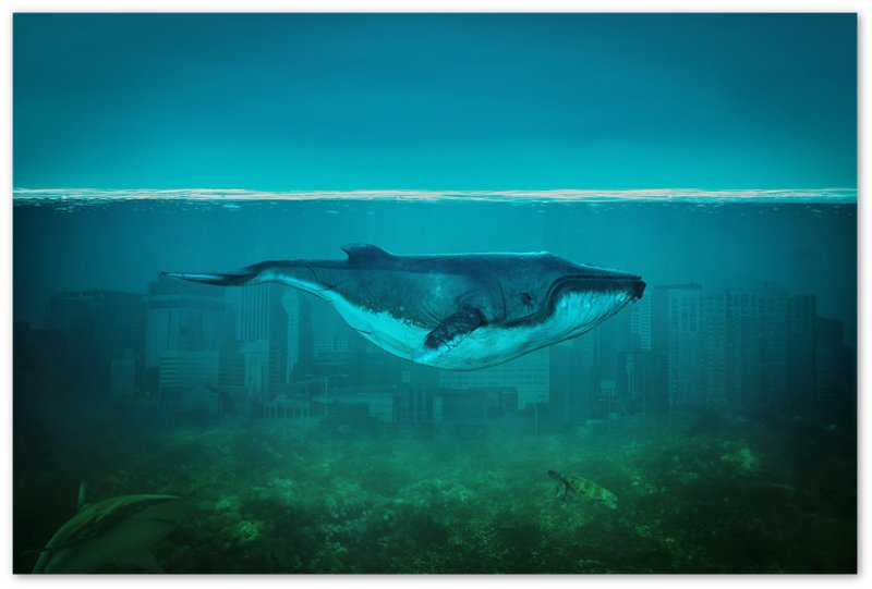 Blue Whale Poster Vintage Whale Art - Blue Whale In Underwater City - WallArtPrints4U