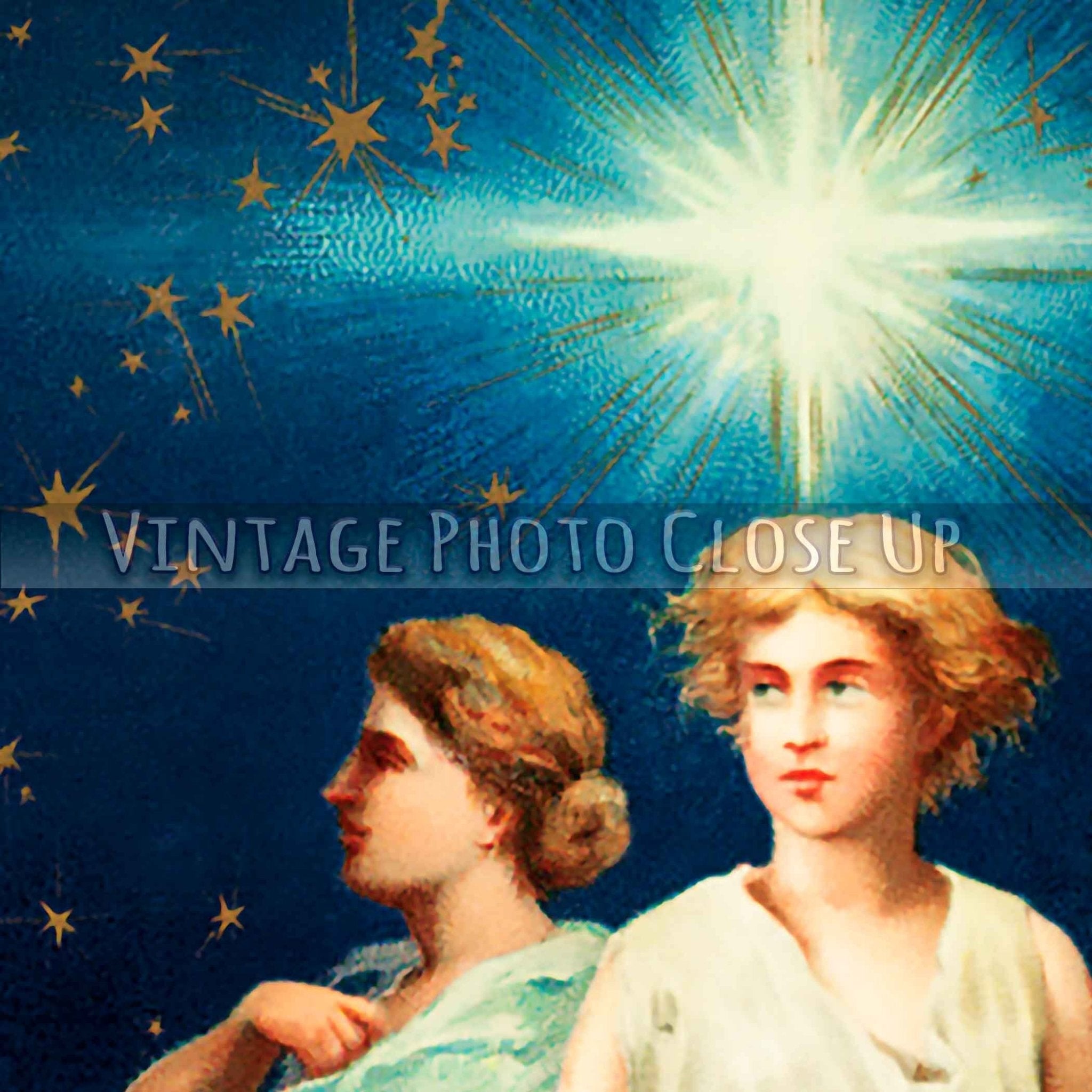 Christmas Poster Print Angels, Stars Moon Decorative Xmas Vintage Poster - WallArtPrints4U