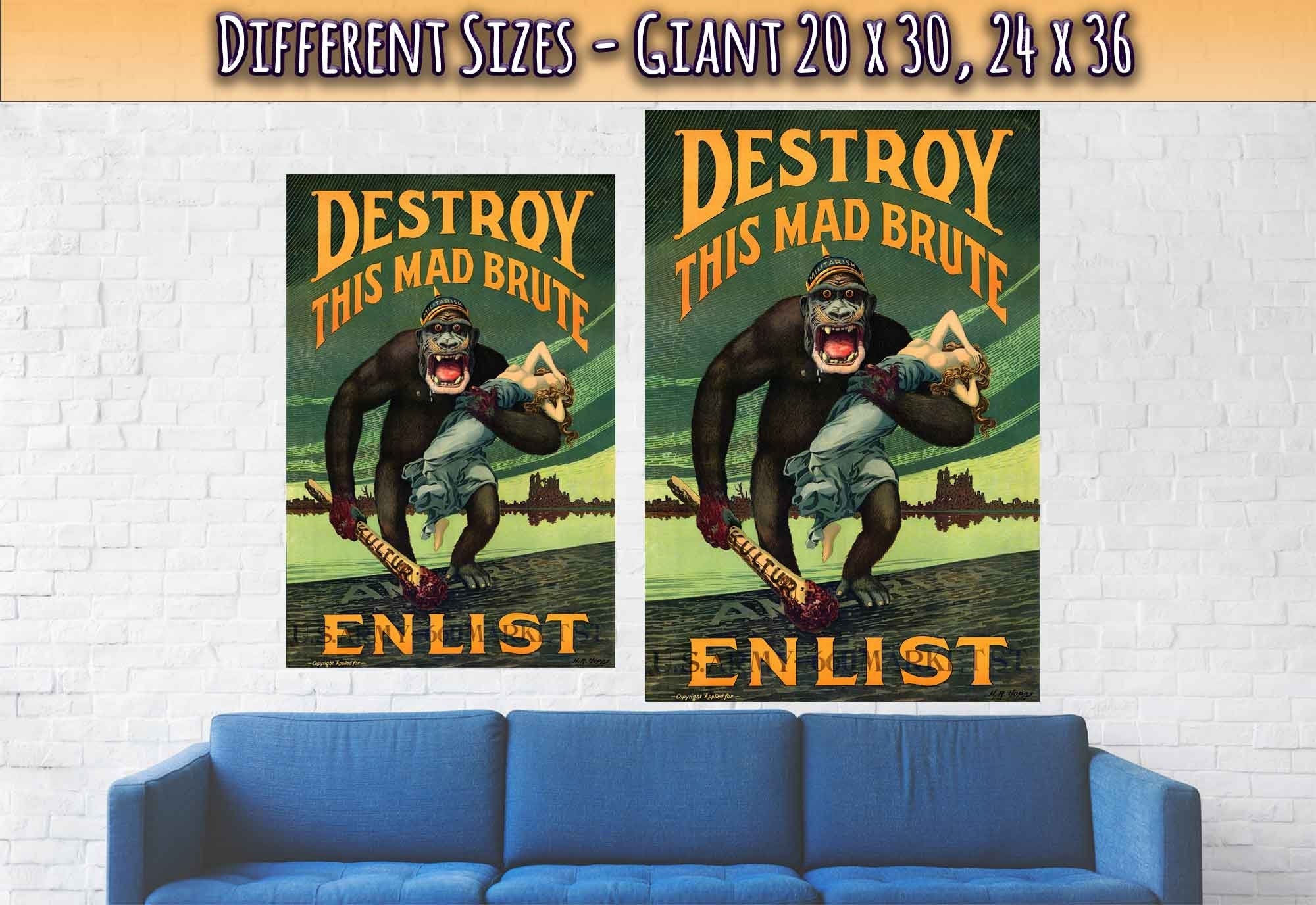 Destroy Mad Brute Poster, World War 1 Propaganda Poster Print, Vintage Poster 1917 - WallArtPrints4U