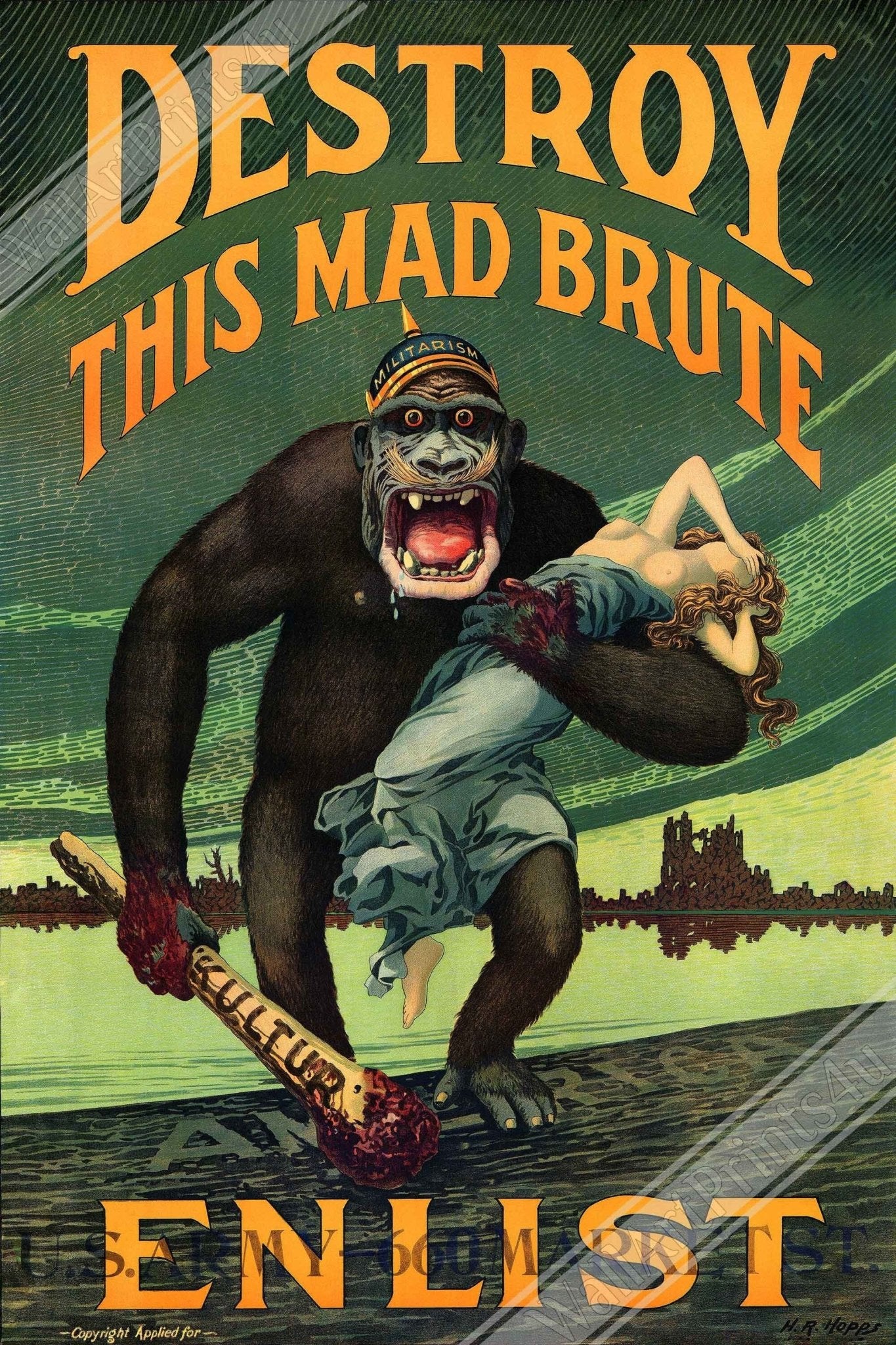 Destroy Mad Brute Poster, World War 1 Propaganda Poster Print, Vintage Poster 1917 - WallArtPrints4U