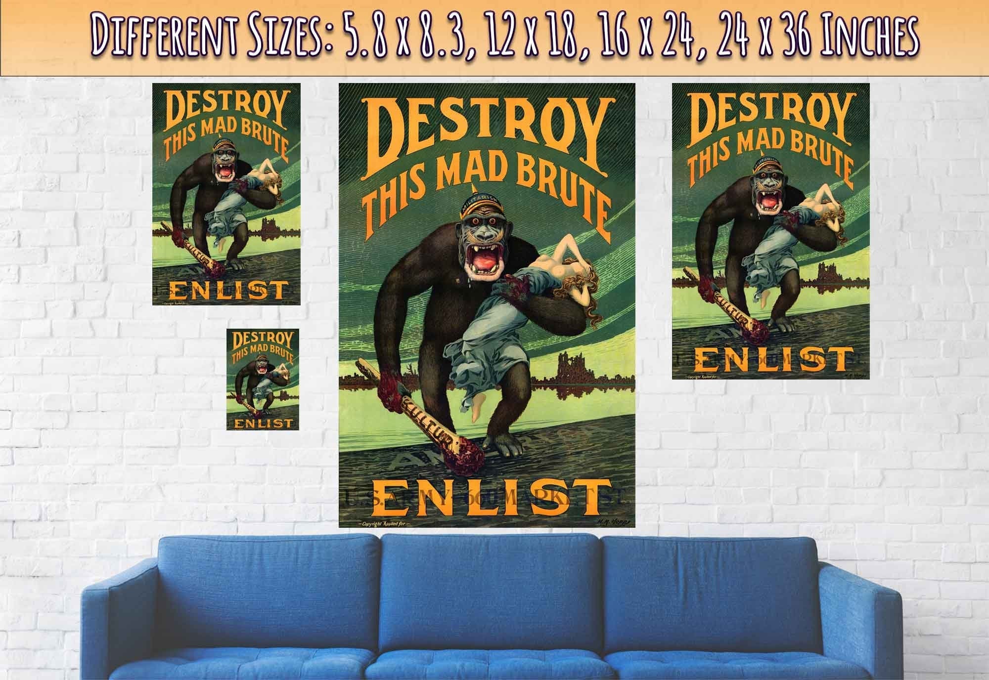 Destroy Mad Brute Poster, World War 1 Propaganda Poster Print, Vintage Poster 1917 - WallArtPrints4U