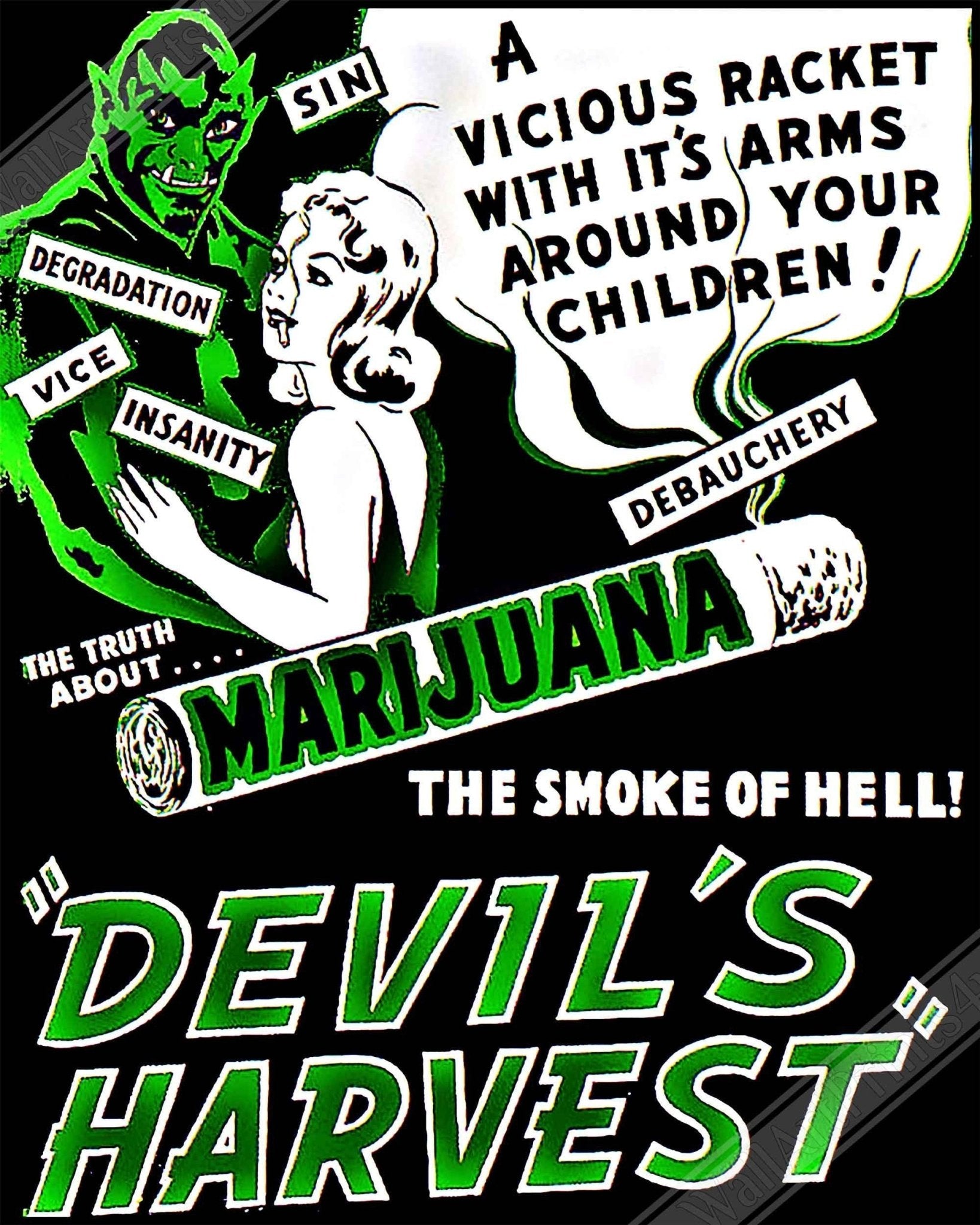 Devils Harvest Marijuana Propaganda Canvas, "Scary" Cannabis Propaganda - Marijuana Propaganda Canvas Print - WallArtPrints4U