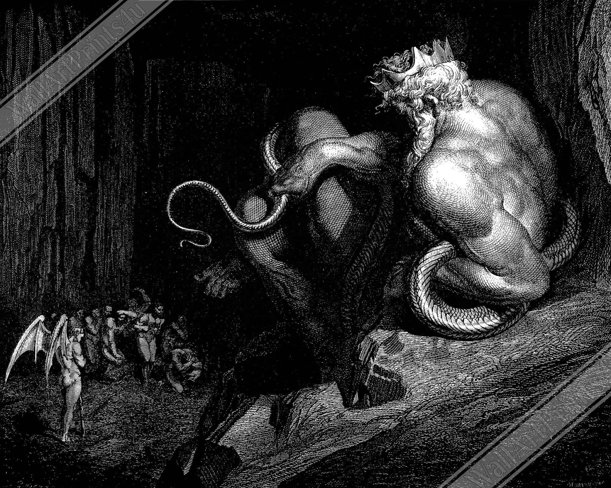 Divine Comedy Framed - Demon King Minos With His Serpent Tail - Gustave Dore Illustration - WallArtPrints4U