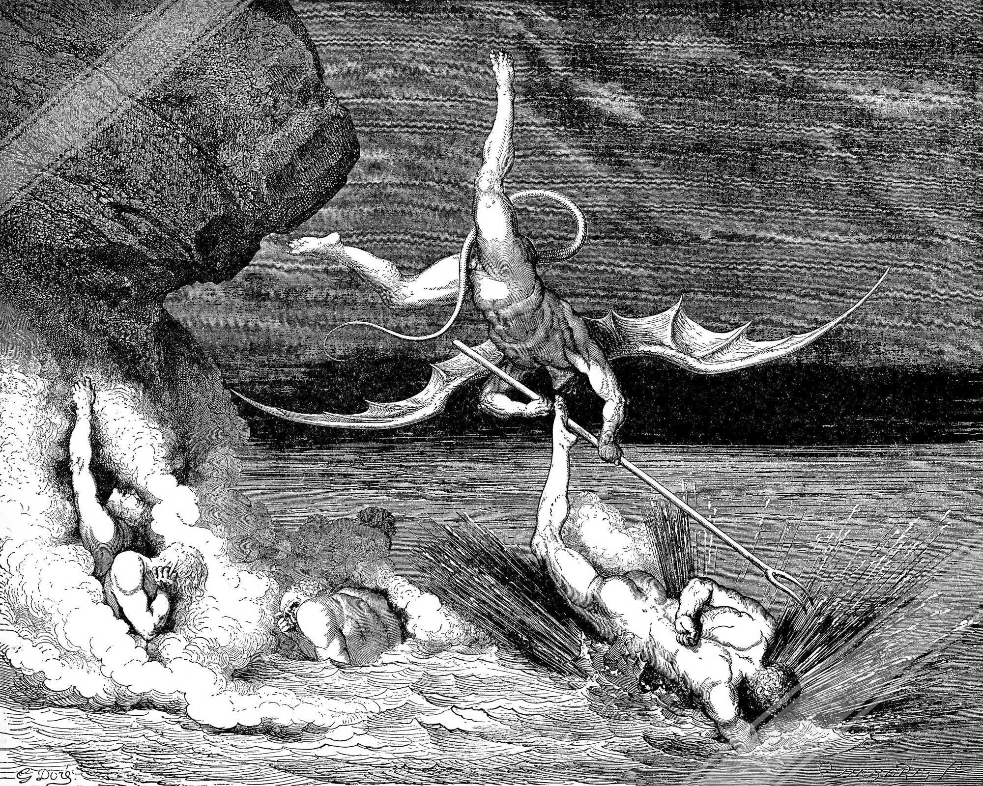Divine Comedy Framed - Demon Trying To Catch A Sinner - Gustave Dore Illustration - WallArtPrints4U