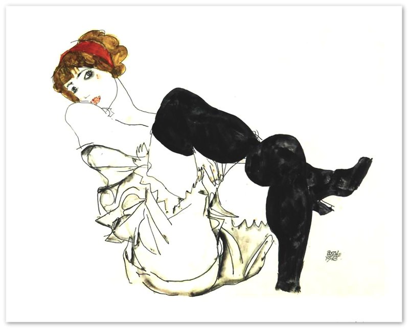 Egon Schiele Poster Print, Woman With Black Stockings, Vintage Print 1913 - WallArtPrints4U